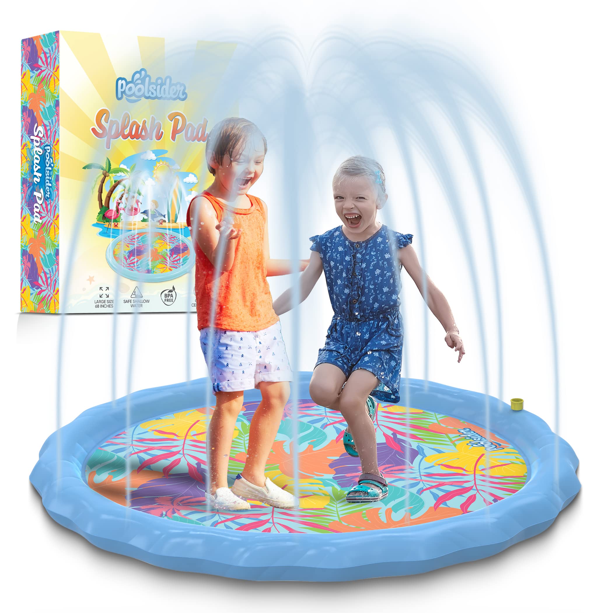 Poolsider Splash Pad for Kids | Water Sprinkler for Kids, Large Splash Pad | Toddler Splash Pad & Play Mat | Inflatable Summer Toys & Water Pad | Baby Splash Pad | Tropical Design by (Large 68 Inch)