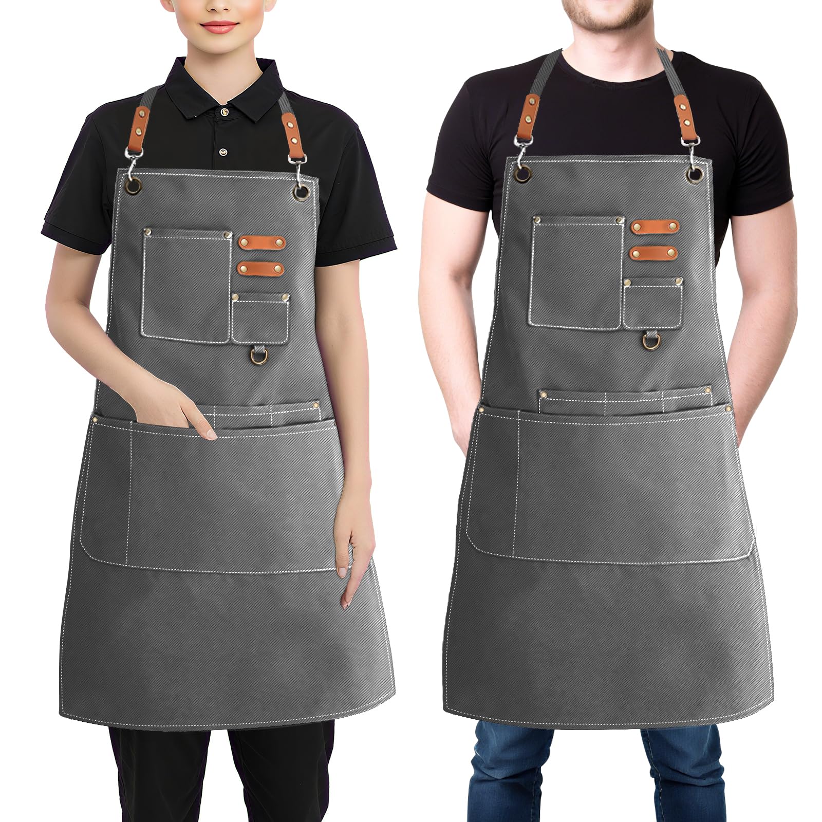 BOCHION Aprons for Women Men, Cotton Canvas Chef Apron with Adjustable Strap & Large Pockets, Cross Back Work Aprons for Kitchen Cooking, Baking, Gardening, Painting, Artist, One Size Fits All (Grey)