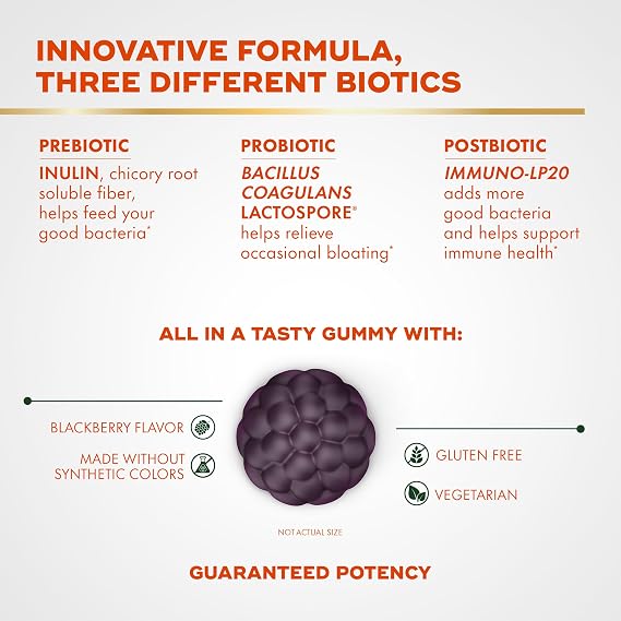 Align Probiotic, 3-in-1 Biotic Gummies, Prebiotic + Probiotic + Postbiotic, #1 Doctor Recommended Probiotic Brand, Helps Relieve Occasional Bloating*, BlackBerry Flavor, 50 Gummies