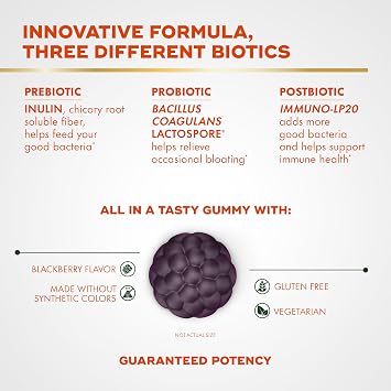 Align Probiotic, 3-in-1 Biotic Gummies, Prebiotic + Probiotic + Postbiotic, #1 Doctor Recommended Probiotic Brand, Helps Relieve Occasional Bloating*, BlackBerry Flavor, 50 Gummies