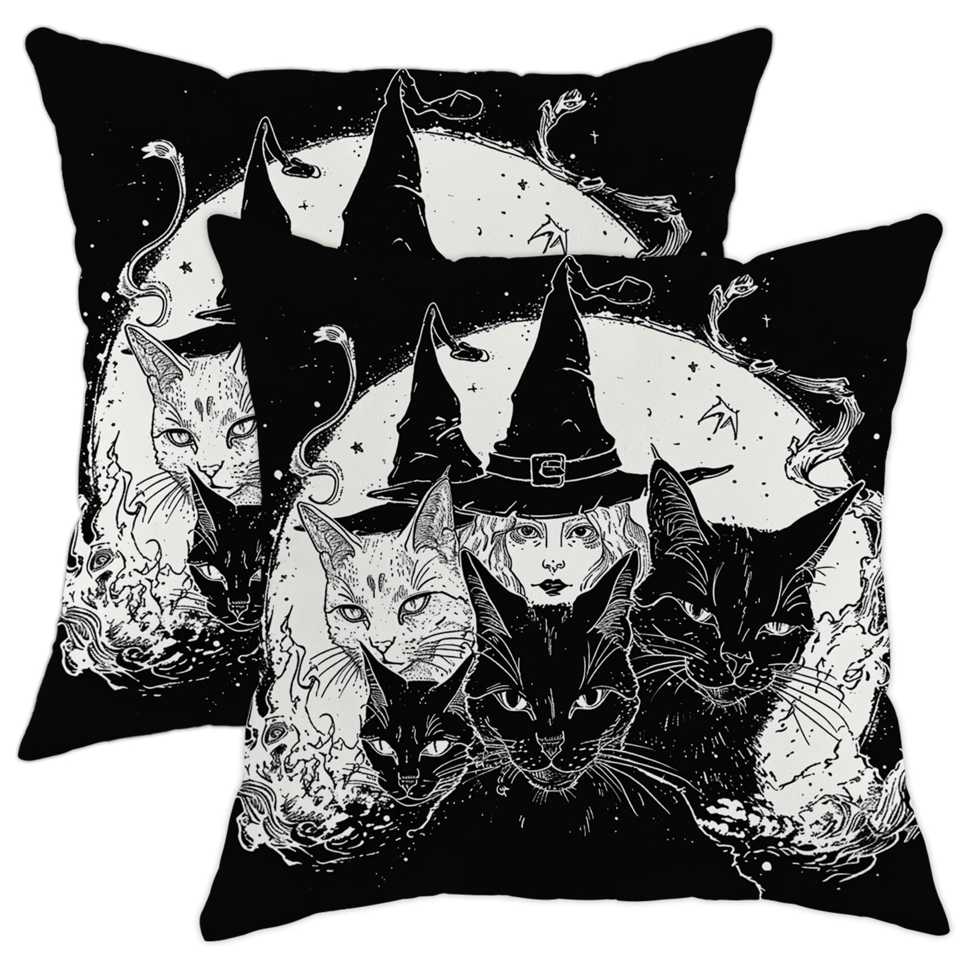 Trippy cat Throw Pillow Covers Animals Moon Phase Stars Gothic Spooky Witch Party Retro Black Soft Velvet Zipper Indoor Outdoor Office Chair Bedroom Couch Decor Cushion Cover 20x20inch Set of 2
