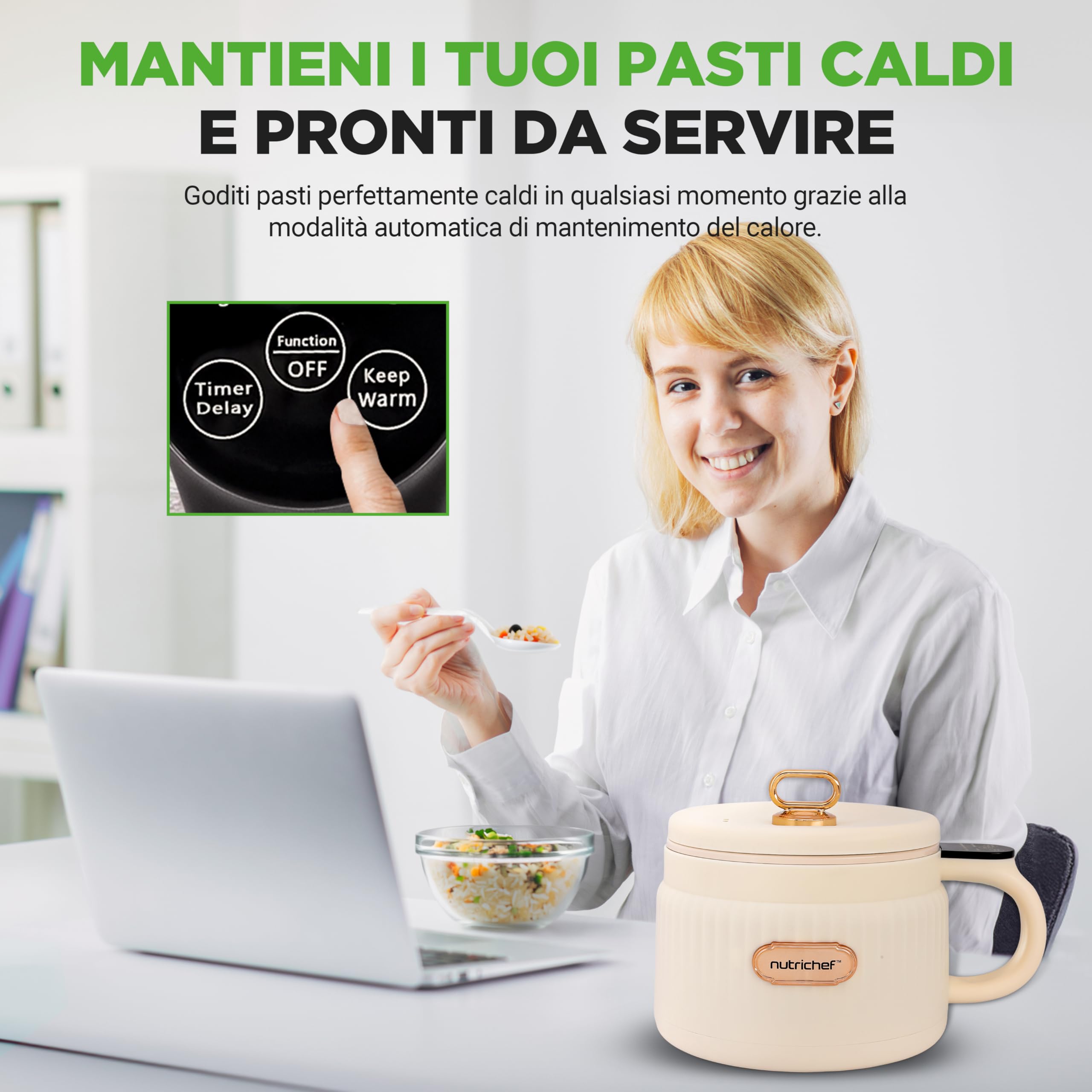 NutriChef Cuoci Riso Elettrico 1,5 Litri, Multi-Funzione con Rivestimento Antiaderente in Ceramica, Pannello Digitale, 6 Funzioni: Riso, Zuppe, Stufati, Porridge Istantaneo, Bianco