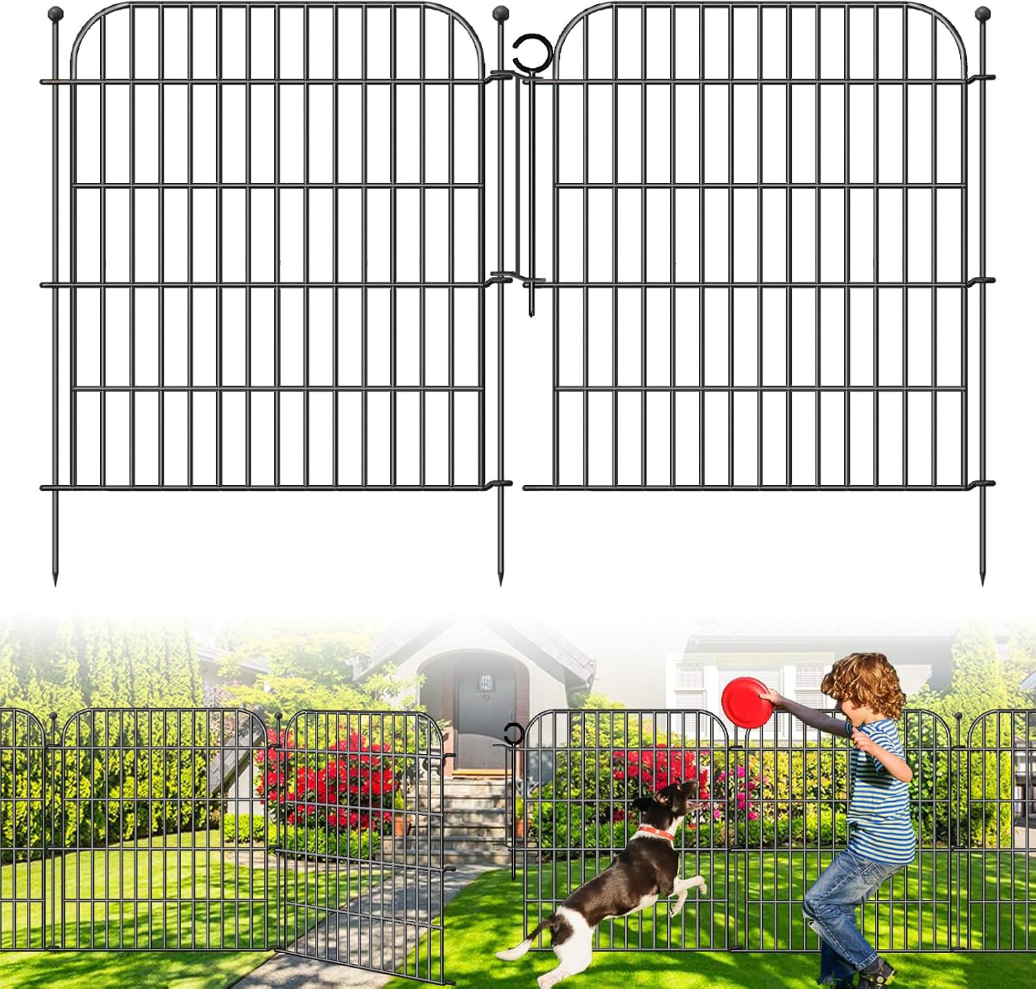 5 Panels No Dig Decorative Garden Fence with Gate, Total 11.8 ft(L) x 32 in(H) Animal Barrier Border for Dog, Rustproof Metal Wire Panel Border for Yard, Temporary Tall Fencing with Ground Stakes 5 Panels - 32 in(H) X 11.8 ft(L) - With Lock