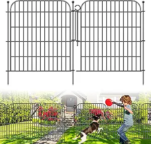 10 Panels Decorative Garden Fence with Gate for Outside, 32 in(H) X 23.6 ft(L) Rustproof Metal Wire Panel Border Fencing with Temporary Ground Stakes, No Dig Animal Barrier for Dog and Patio