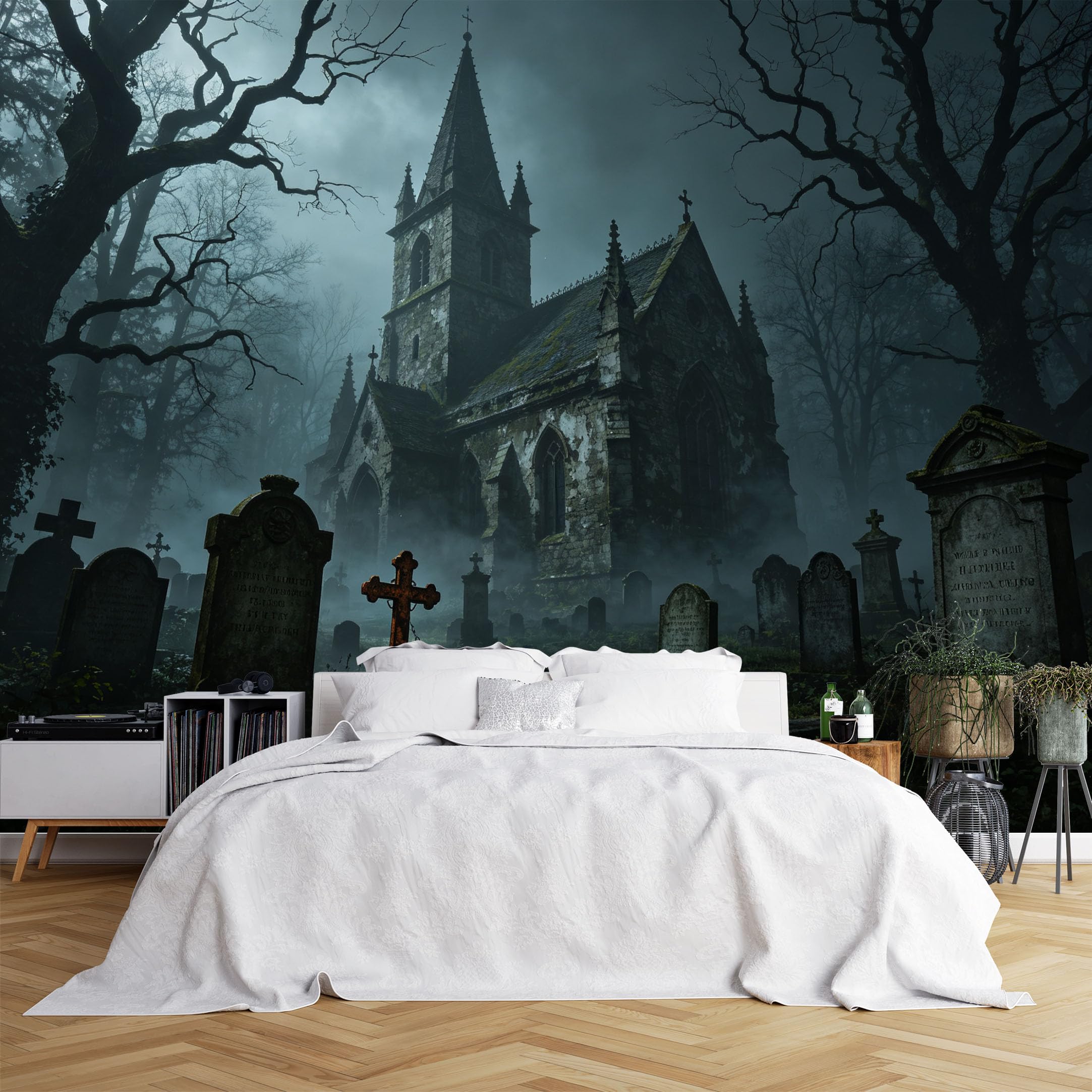 Lcythiazole Ch260615236 Custom Size Wall Murals Dark Haunted Church Cemetery Night Scene Full Wall Wall Murals Self-Adhesive Wall Fabric (No Pvc) Removable Wallpaper For Halloween Room