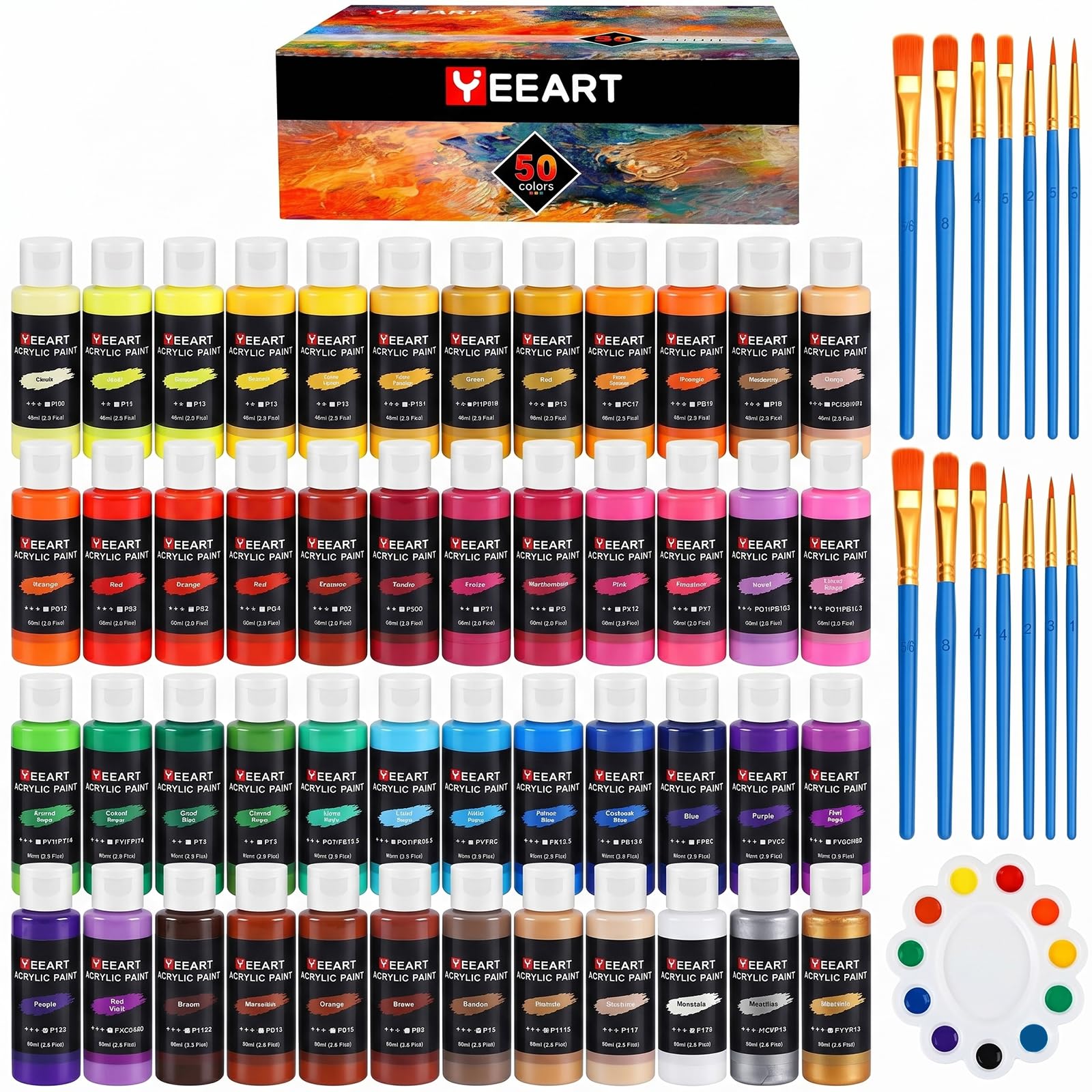 Zestaw farb akrylowych, 50 kolorów (60 ml), 10 pędzli, nietoksyczne, akrylowe farby wodoodporne, bogate pigmenty dla studentów, dorosłych, artystów, na kamieniach, ceramice, rzemiośle artystycznym
