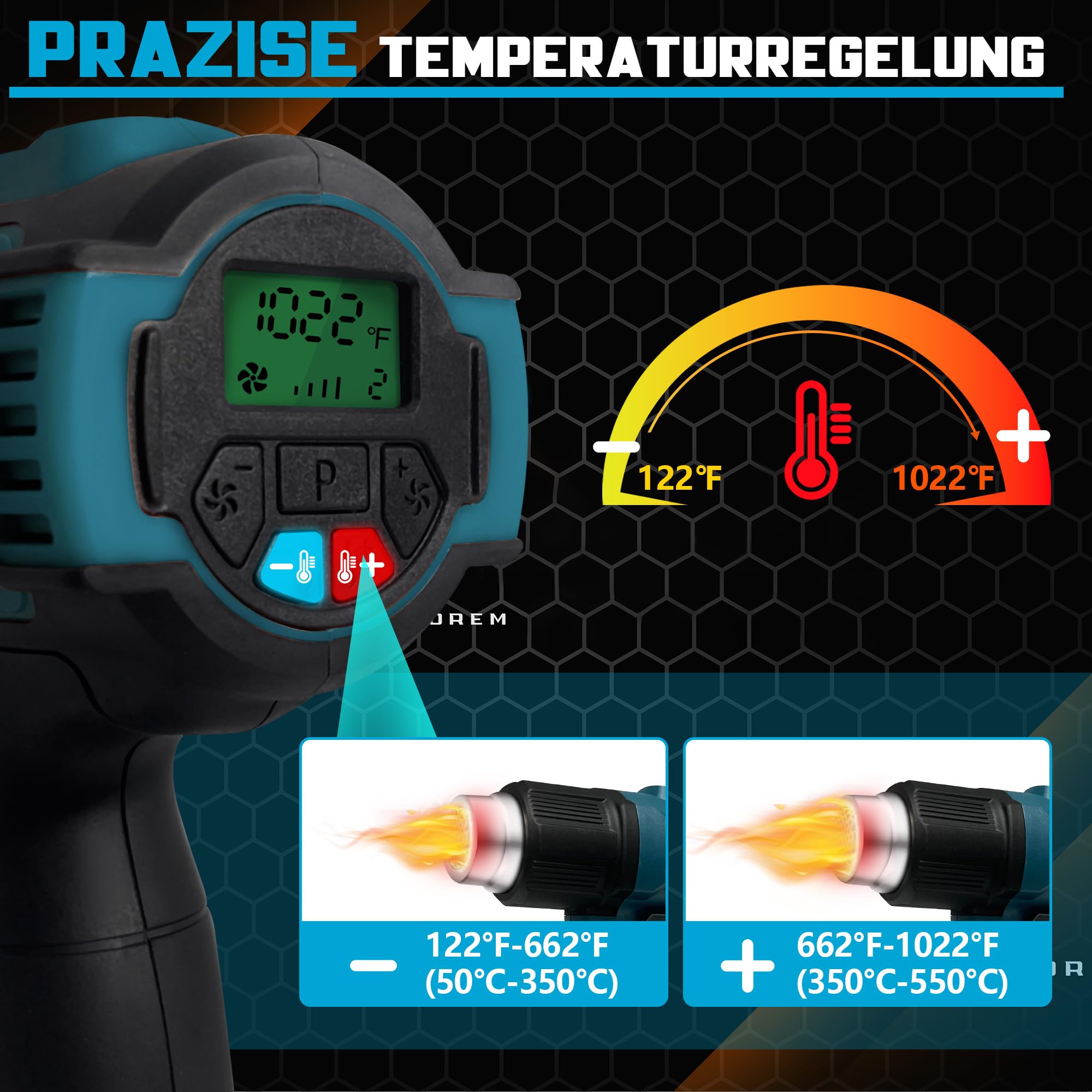 bycpower Heteluchtpistool voor Bosch Professional 18 V systeemaccu, snel opwarmend heteluchtpistool voor het solderen van krimpkousen, voor krimpfolie, elektronica, hars