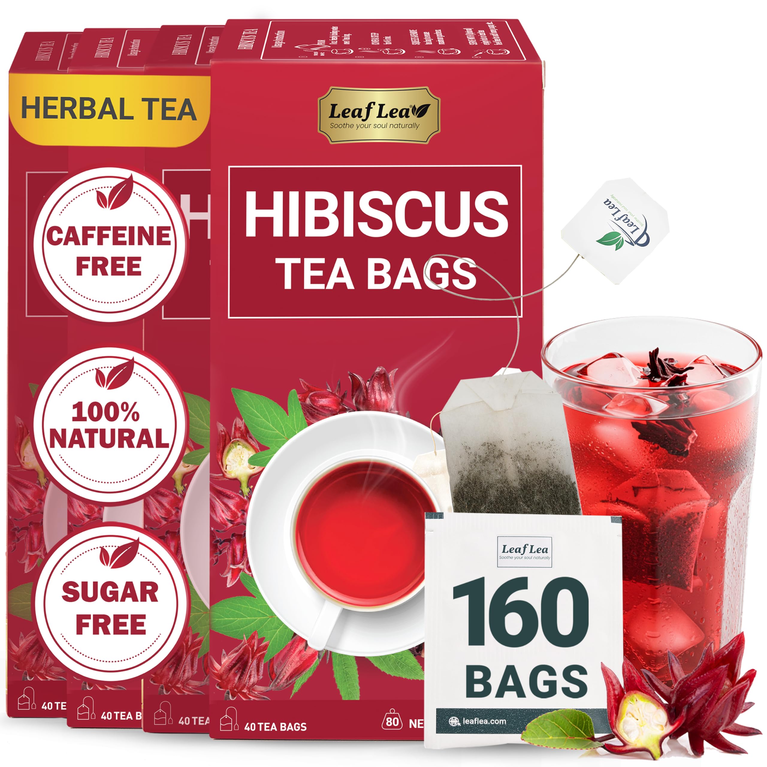 LeafLea Hibiscus Tea Bags, 100% Natural Flower, 160 Count | Te De Hibisco, Jamaica Tea, Individually Wrapped, Caffeine-Free, Sugar-Free, Gluten-Free, Non-GMO, Pack Of 4 Hibiscus 160 Tea Bags (Pack of 4)