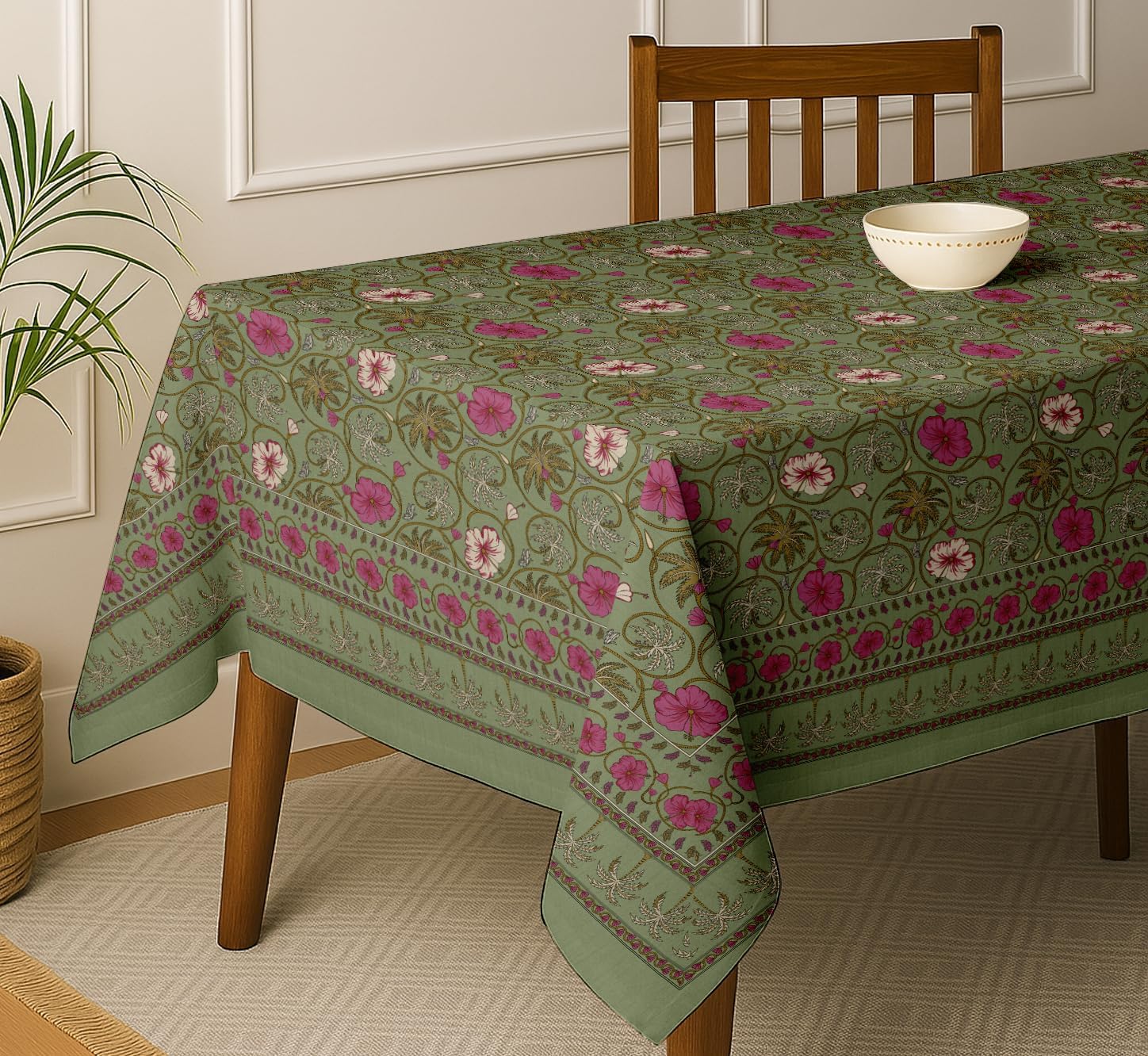 Floral Design Tablecloth- Green 60x60 Inch Cotton Twill Dining Table Cover, Perfect for 4 Seater Tables, Durable, Protective & Washable, Ideal for Everyday Use, Festive Occasions & Gathering