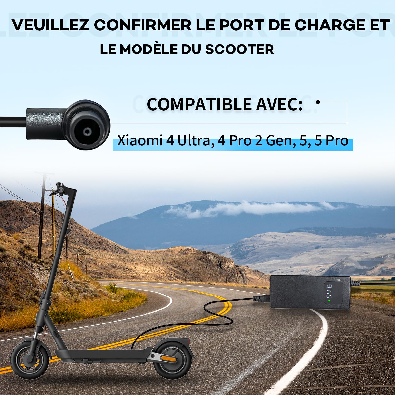 Chargeur 54,6V 2A avec Affichage Numérique de Tension, Adaptateur Secteur Premium Compatible avec Trottinette Électrique Xiaomi 4 Ultra / 4 Pro 2nd Gen / 5/5 Pro,