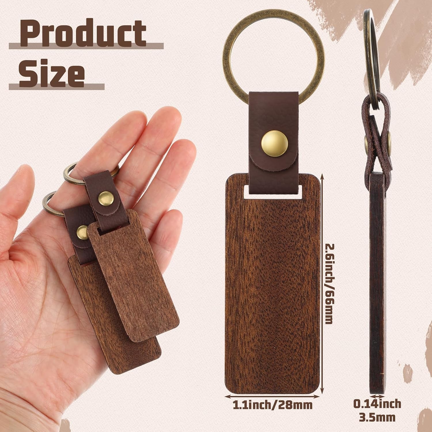 Kenaoeoe 50 Pcs Leather Wood Keychain Blanks Unfinished Walnut Wooden Keychain Blanks with Leather Strap for Laser Engraving, DIY Craft Personalized Key Tags and Gifts