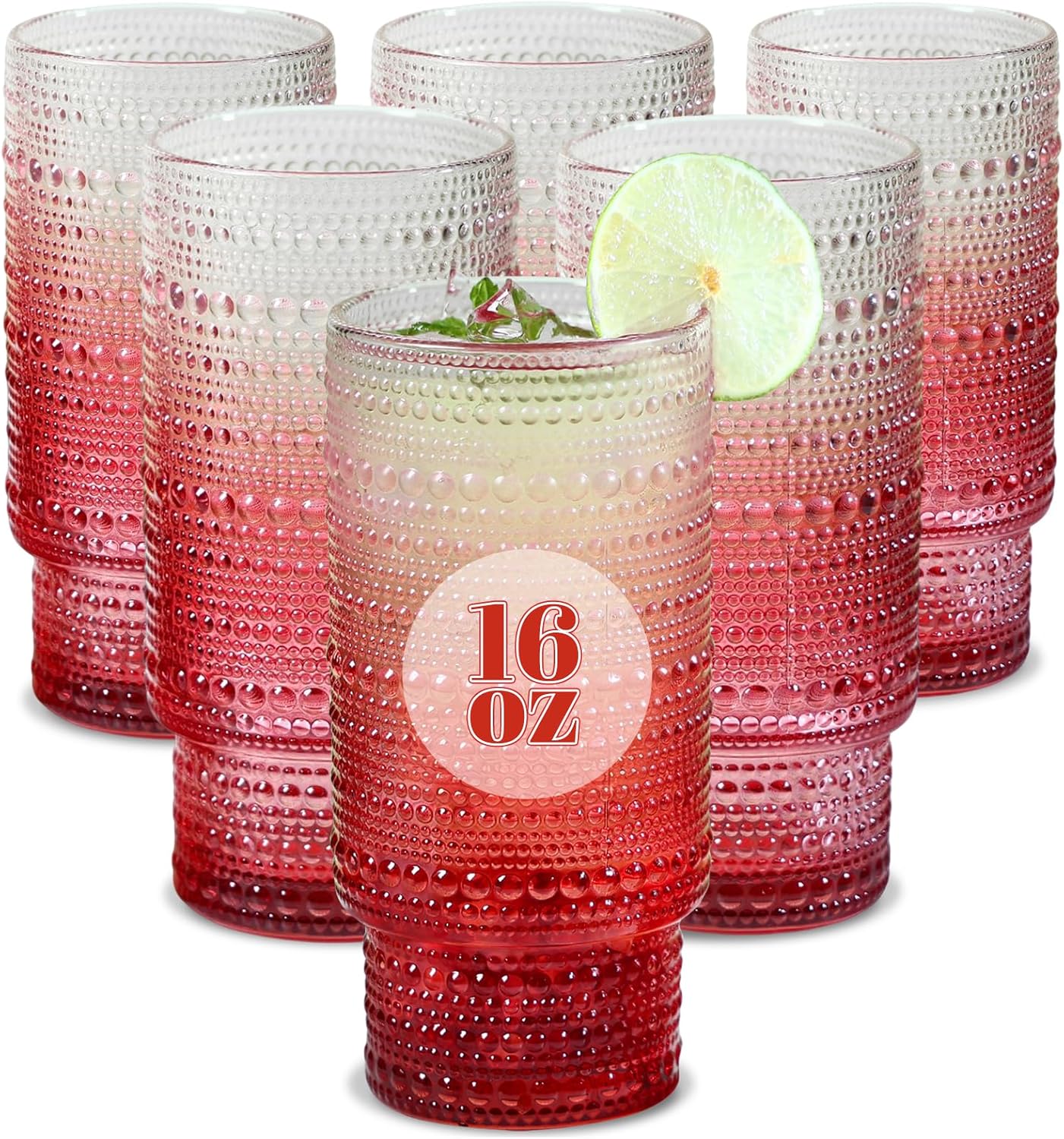 6pcs Hobnail Drinking Glasses Set, 16 oz Vintage Glassware Drinking Glasses, Gradual Red Water Glasses Tumbler, Christmas Gifts for Women