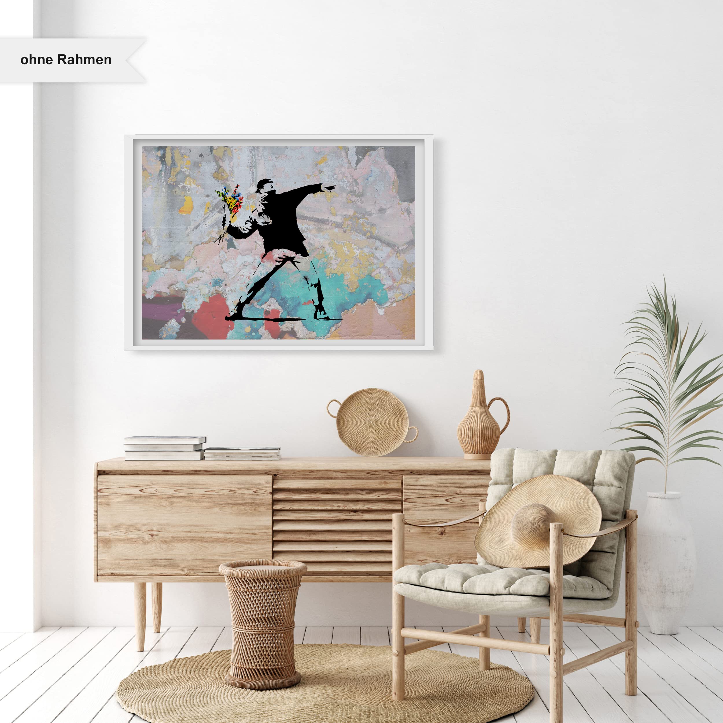Poster aus Baumwolle Banksy Mann wirft Blumen Activism - Modern Street-Art - Moderner Kunstdruck Klein bis Groß XXL - Geschenk Wohnzimmer, Schlafzimmer Kunstdruck ohne Rahmen, Wandbild - A4, A3, A2..