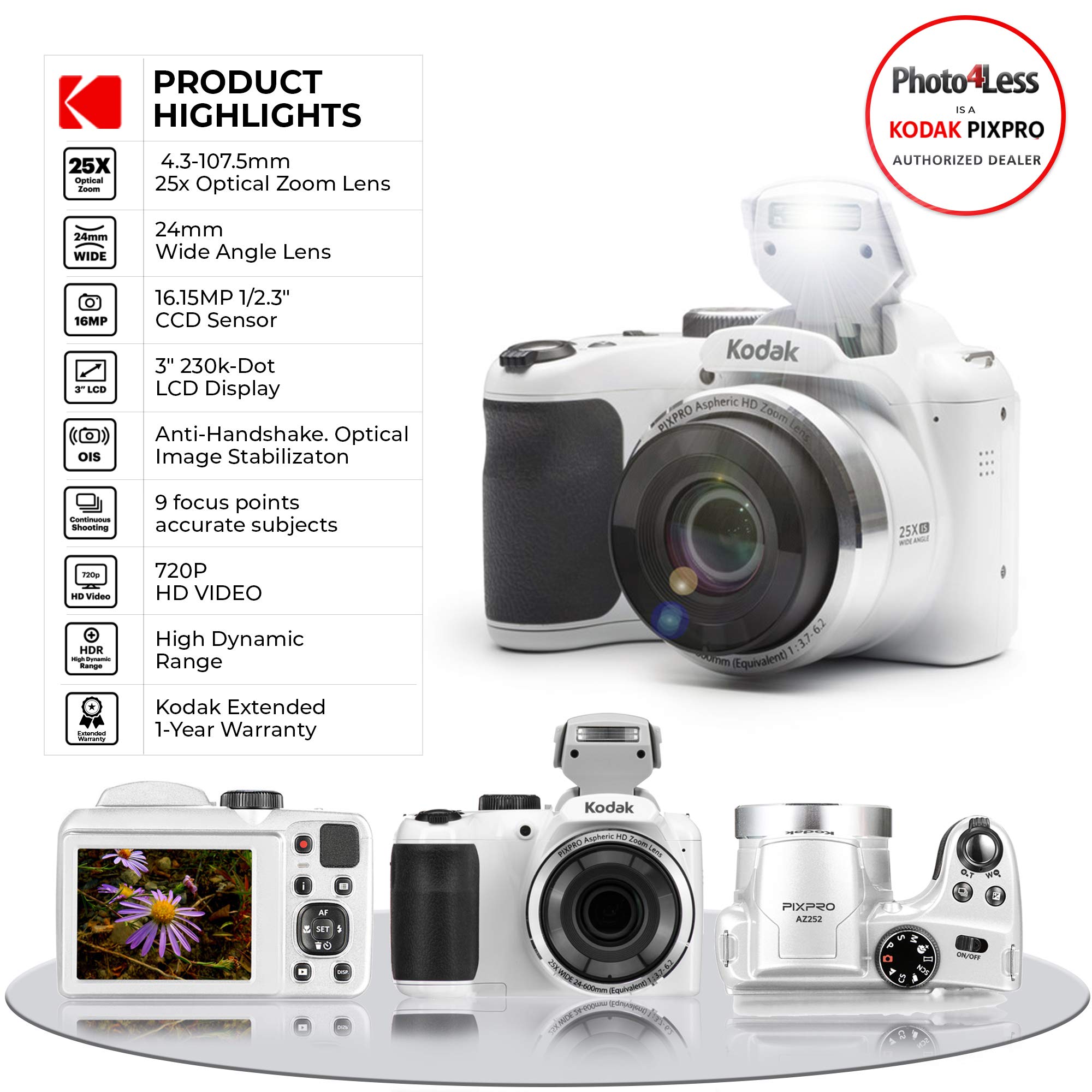 Amazon.com : Kodak PIXPRO AZ252 Astro Zoom 16MP Digital Camera (White) +  Point & Shoot Camera Case + Transcend 32GB SD Memory Card + Rechargeable  Batteries & Charger + USB Card Reader +
