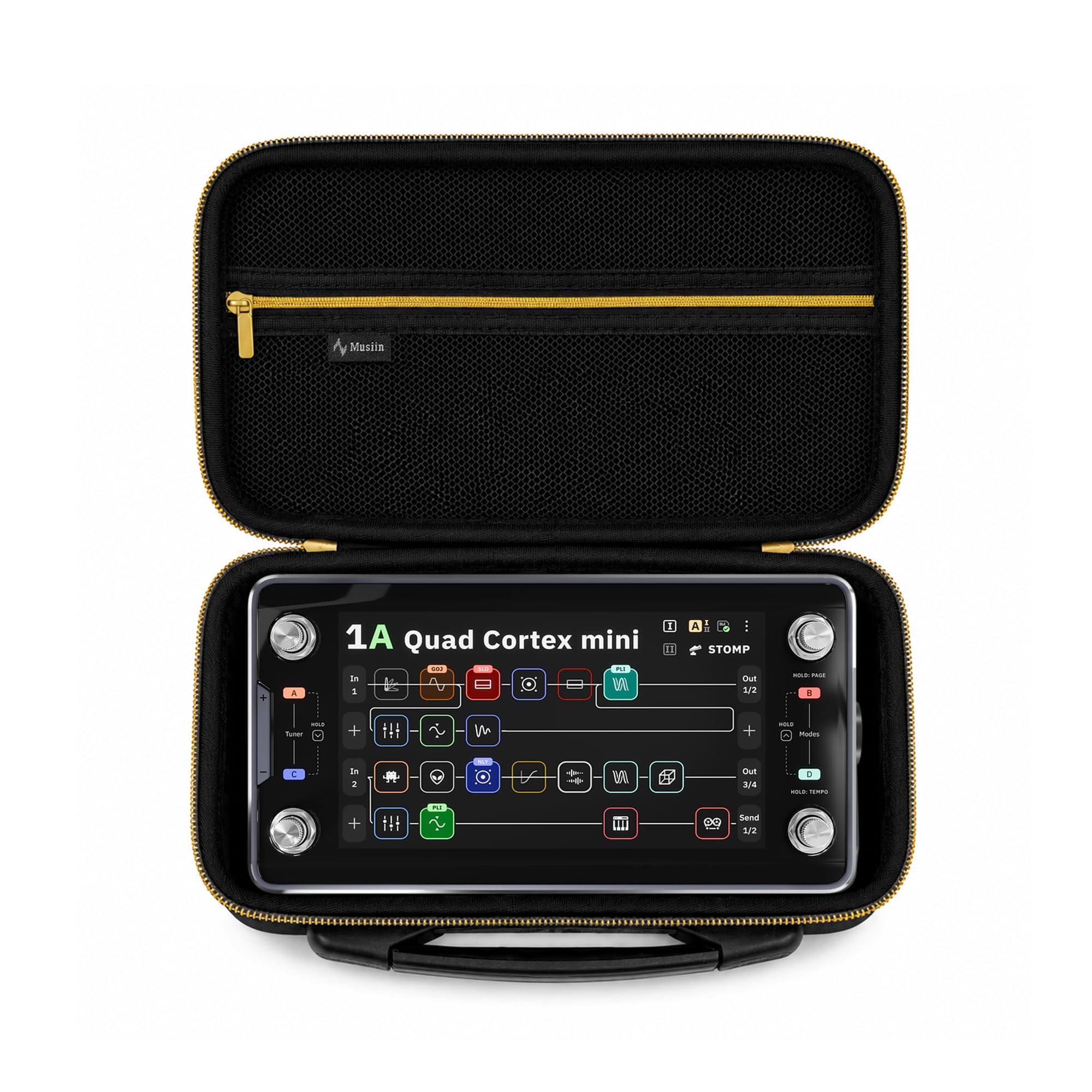 Musiin Étui d'effets de guitare compatible avec le mini processeur Neural DSP Quad Cortex, avec poche en maille, fermeture éclair dorée et poignée de transport moulée pour studio, rangement quotidien