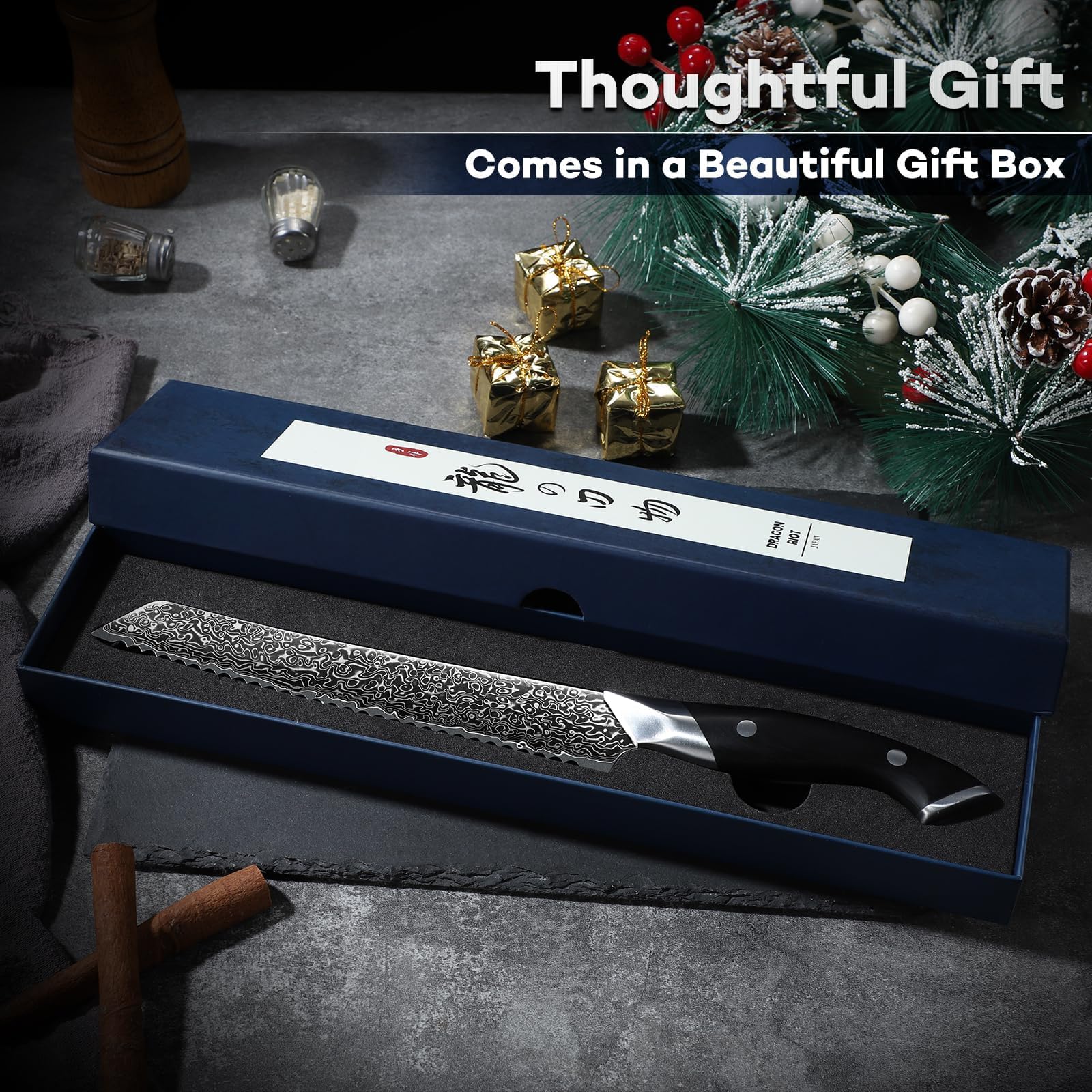 DRAGON RIOT Damas Couteau a Pain - Couteaux de Cuisine Professionnel avec Manche en Bois, Couteau pour Pain, Bagels, Gâteaux, pour Hommes et Femmes