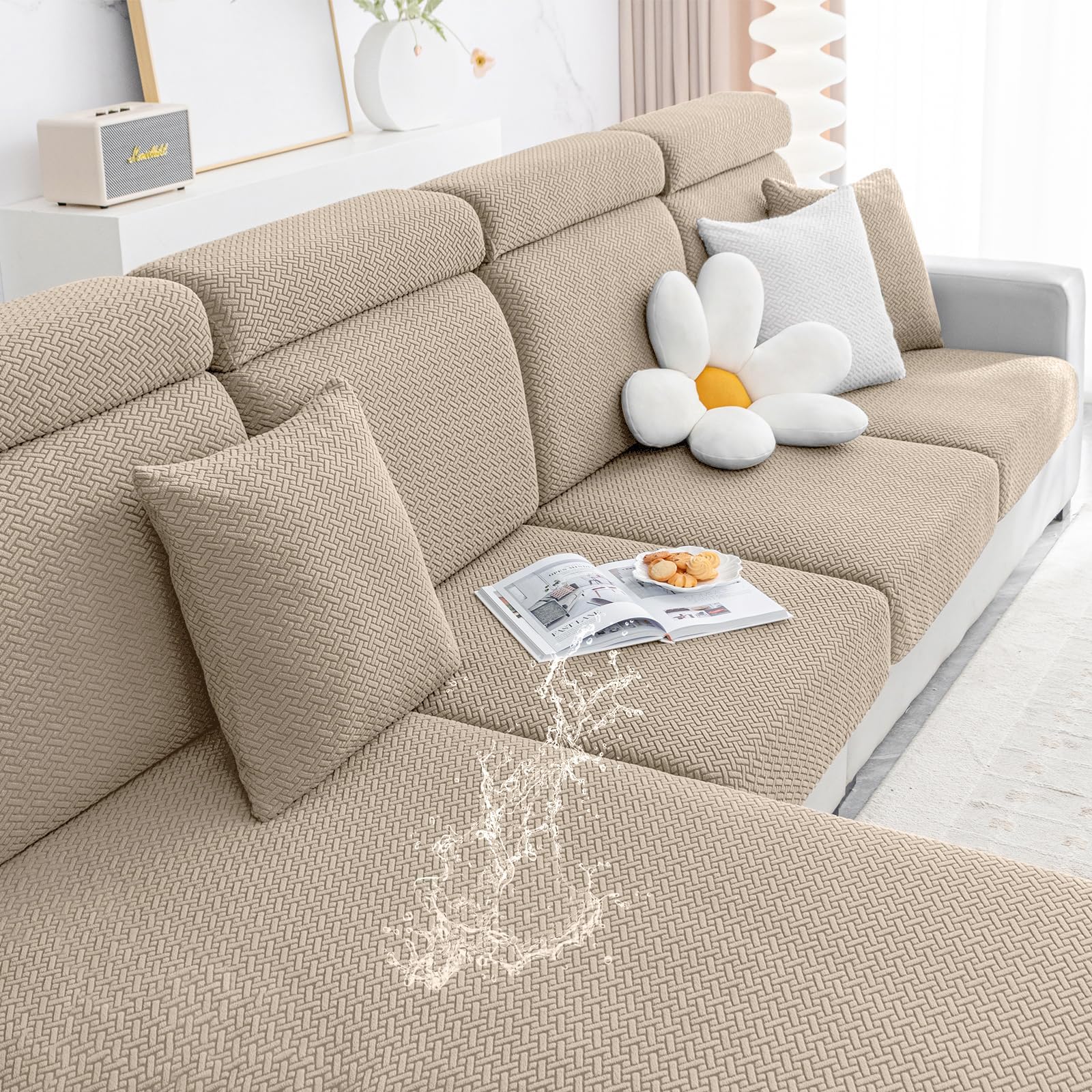 Smiry Waterproof Couch Cushion Covers, Stretch Jacquard Thick Sofa Cushion Covers, Washable Seat Slipcover Elastic Furniture Protector for Pets, Kid (Back Cover L, Camel)