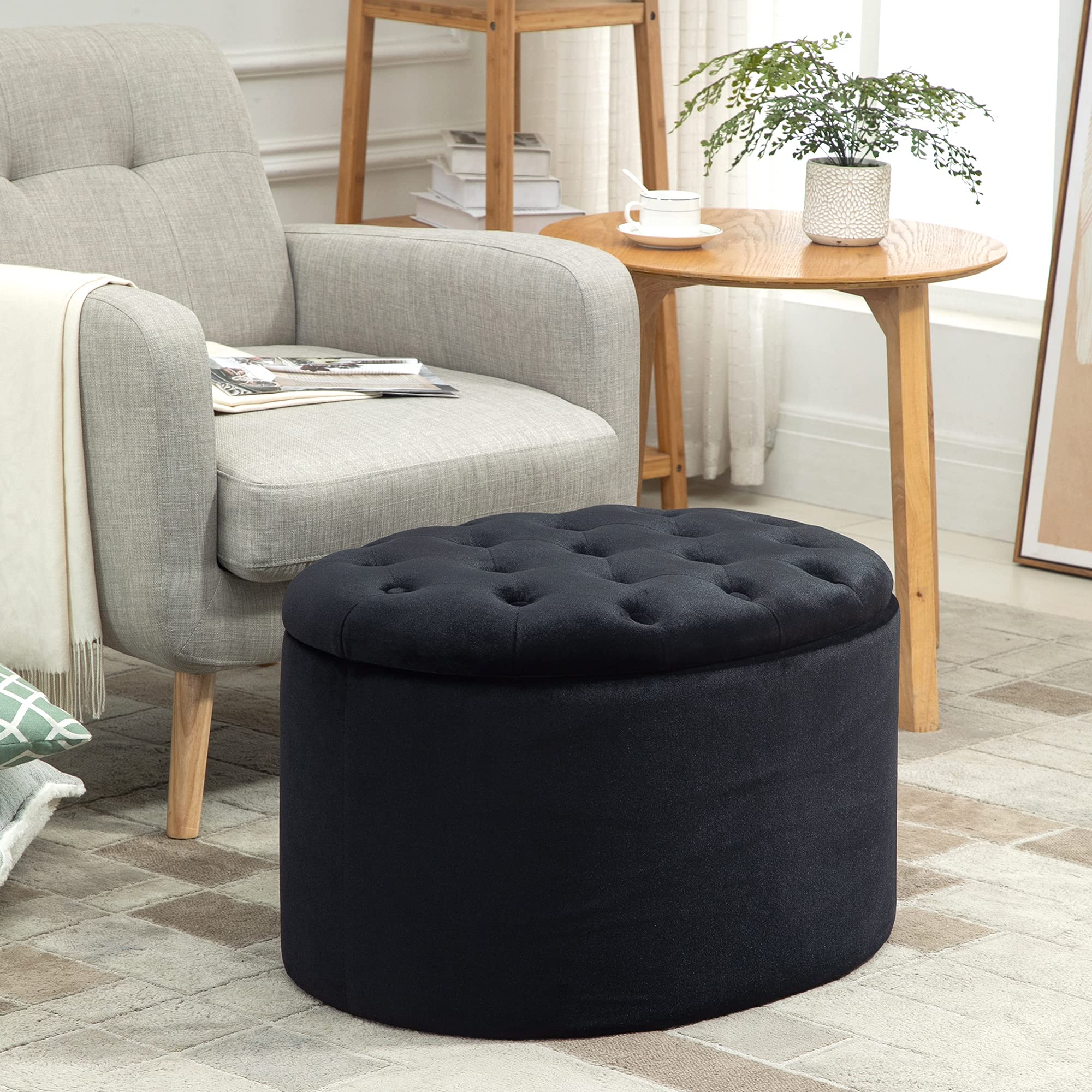 HOMCOM Sitzbank Polsterbank mit Stauraum Truhenbank Ovale Form Flur Schlafzimmer Wohnzimmer samtartiges Polyester Schwarz 71 x 52 x 42 cm