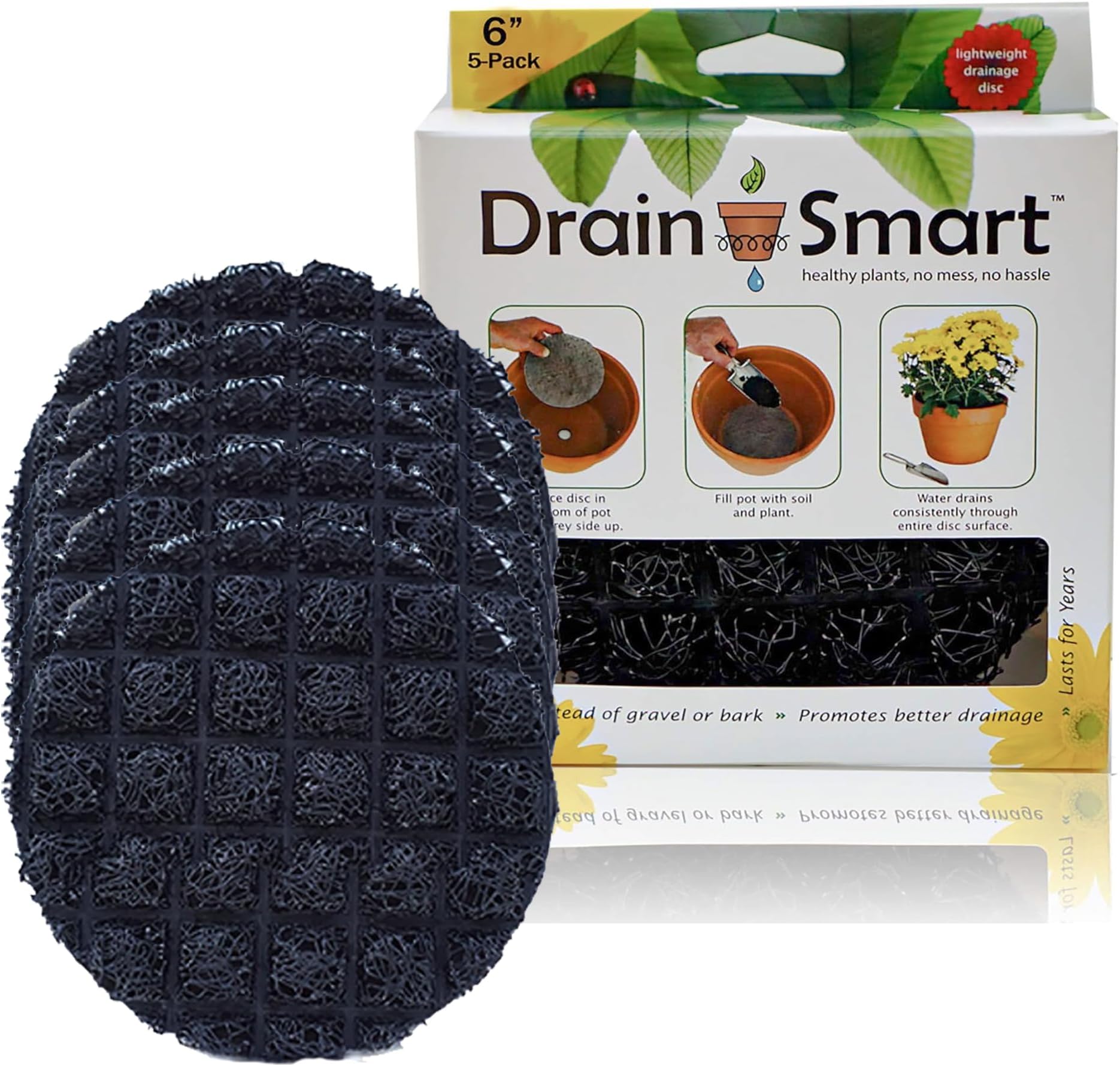 Drain Smart 3D Mesh Planter Pot Drainage Insert Disc – Made in USA – Keeps Soil in, Lets Water Drain Out – Cleaner, Lighter Alternative to Gravel for Indoor & Outdoor Planters (6" – 5 Pack)
