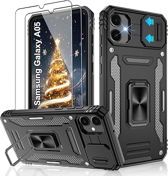 Jshru for Samsung A05 Case with Screen Protector | Camera Protective Cover | Ring Stand,ao5 Phone Case for Men and Women | Shockproof Bumper Phone Cover for Samsung Galaxy A05,Black