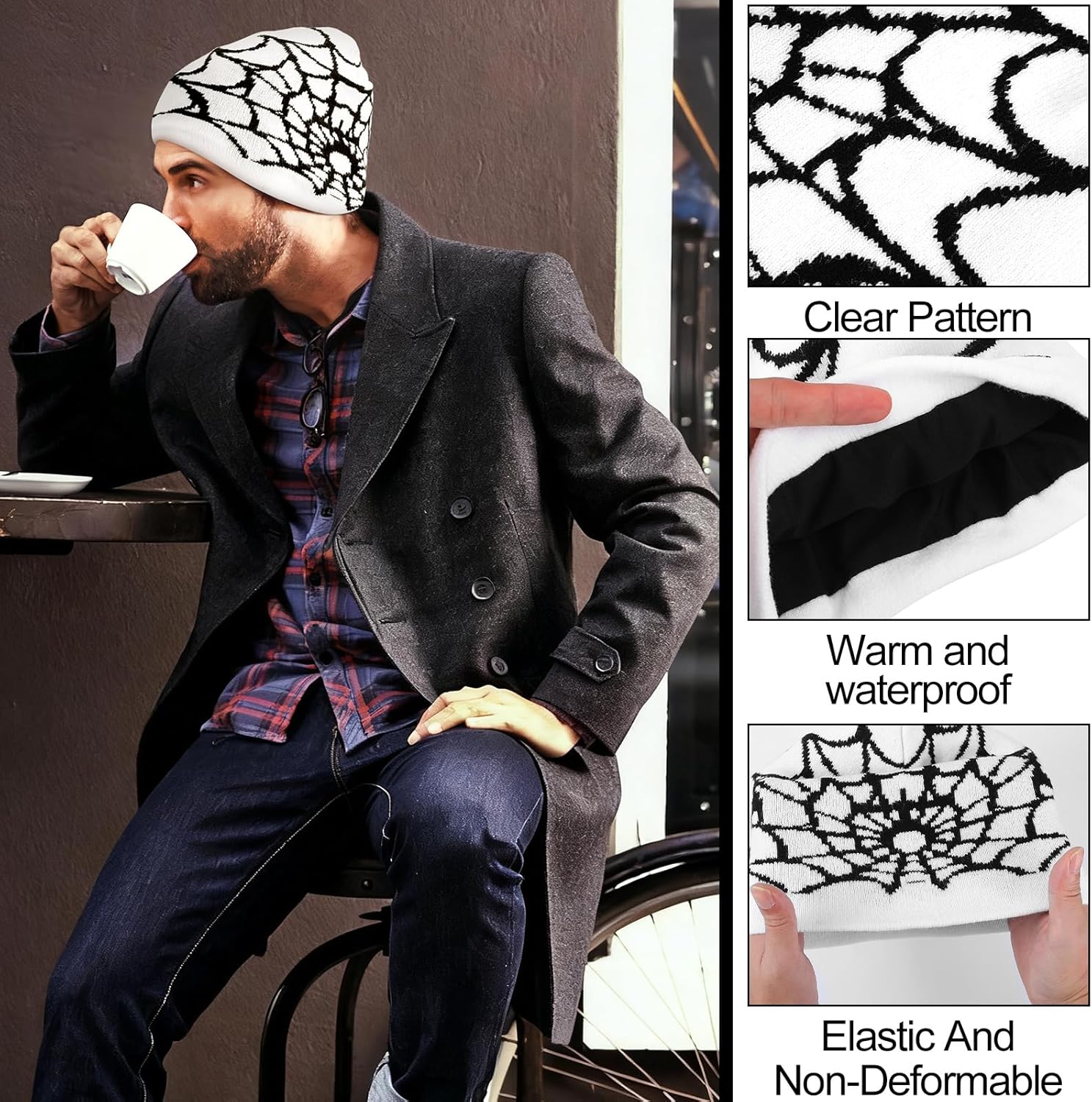 Jeyiour 4 Pcs Y2k Beanies Spider Web Pattern Beanie Gothic Acrylic Knitted Hat Casual Streetwear Outdoor for Men Women