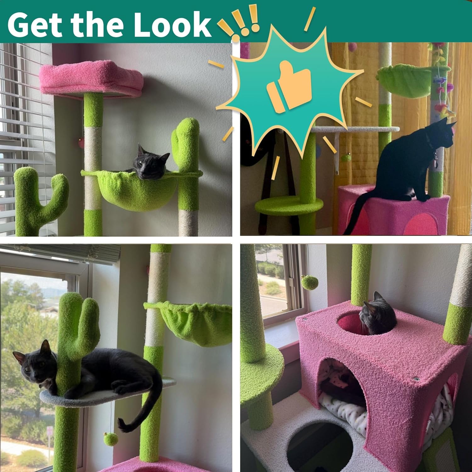 YITAHOME Tall Cactus Cat Tree: 68 in Cats Tower Activity Center with Sisal Posts, Hanging Balls, Nest, Pet Climbing Furniture Ideal for Indoor Kittens, Green & Pink