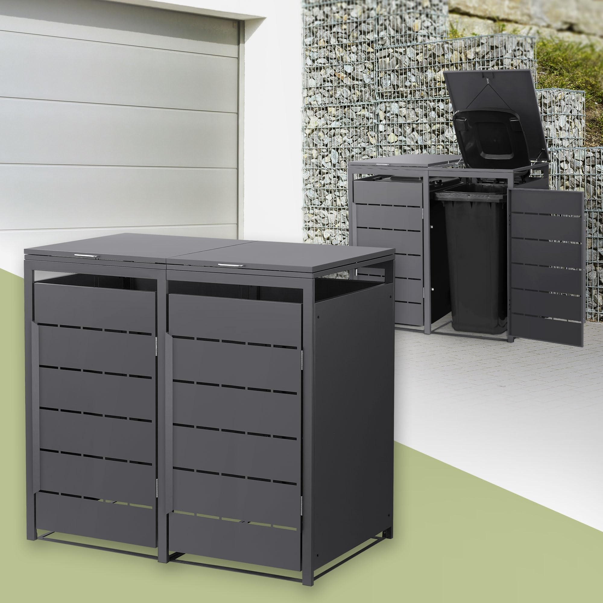 ML-Design Copribidone da Spazzatura per 2 Bidoni 240L, 132x80x120 cm, Antracite, in Acciaio, Resistente alle Intemperie, Cassonetto per Rifiuti con Coperchio e Porta, Deposito per Bidoni da Esterno
