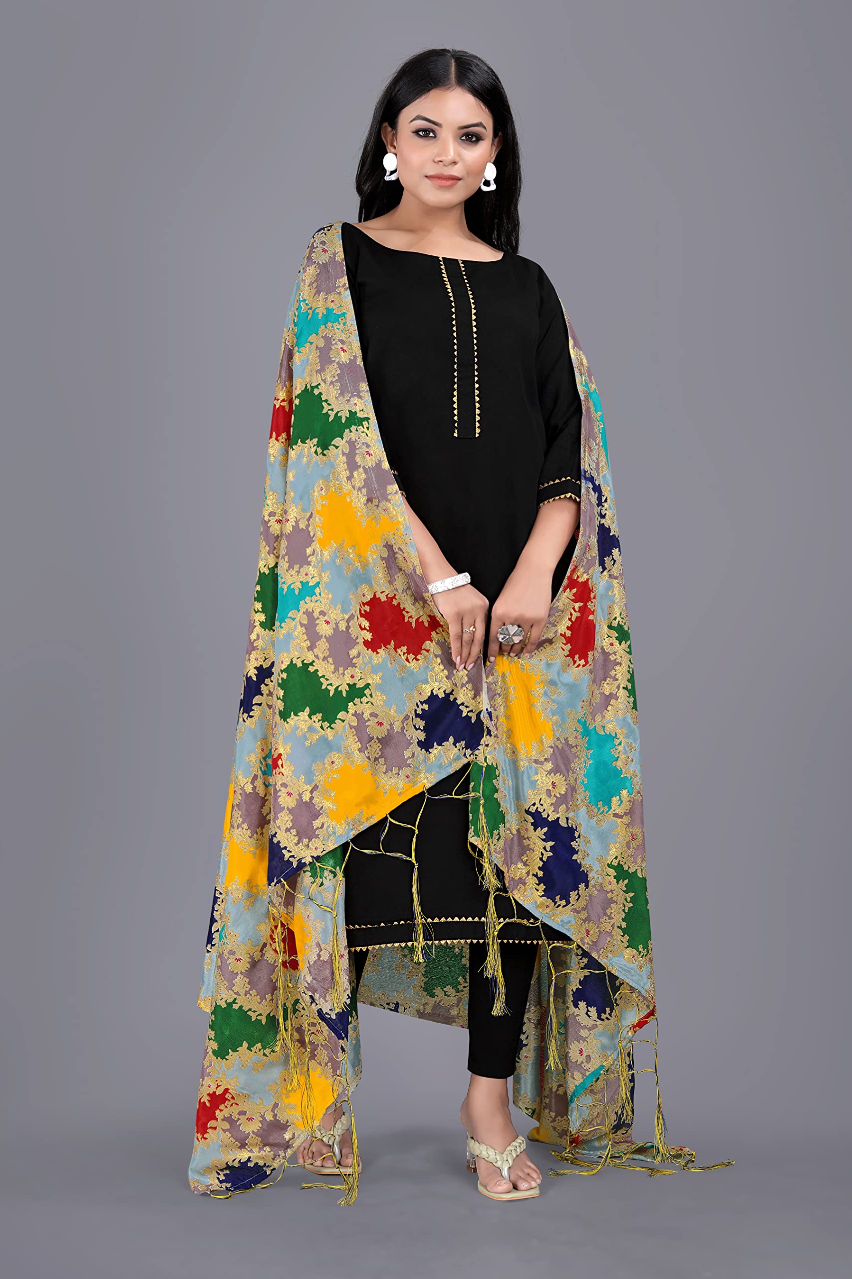 KEMZA Women's Printed Silk Dupatta (Multi Colour) with Tassels Border and Phulkari Print Banarasi Dupatta 1