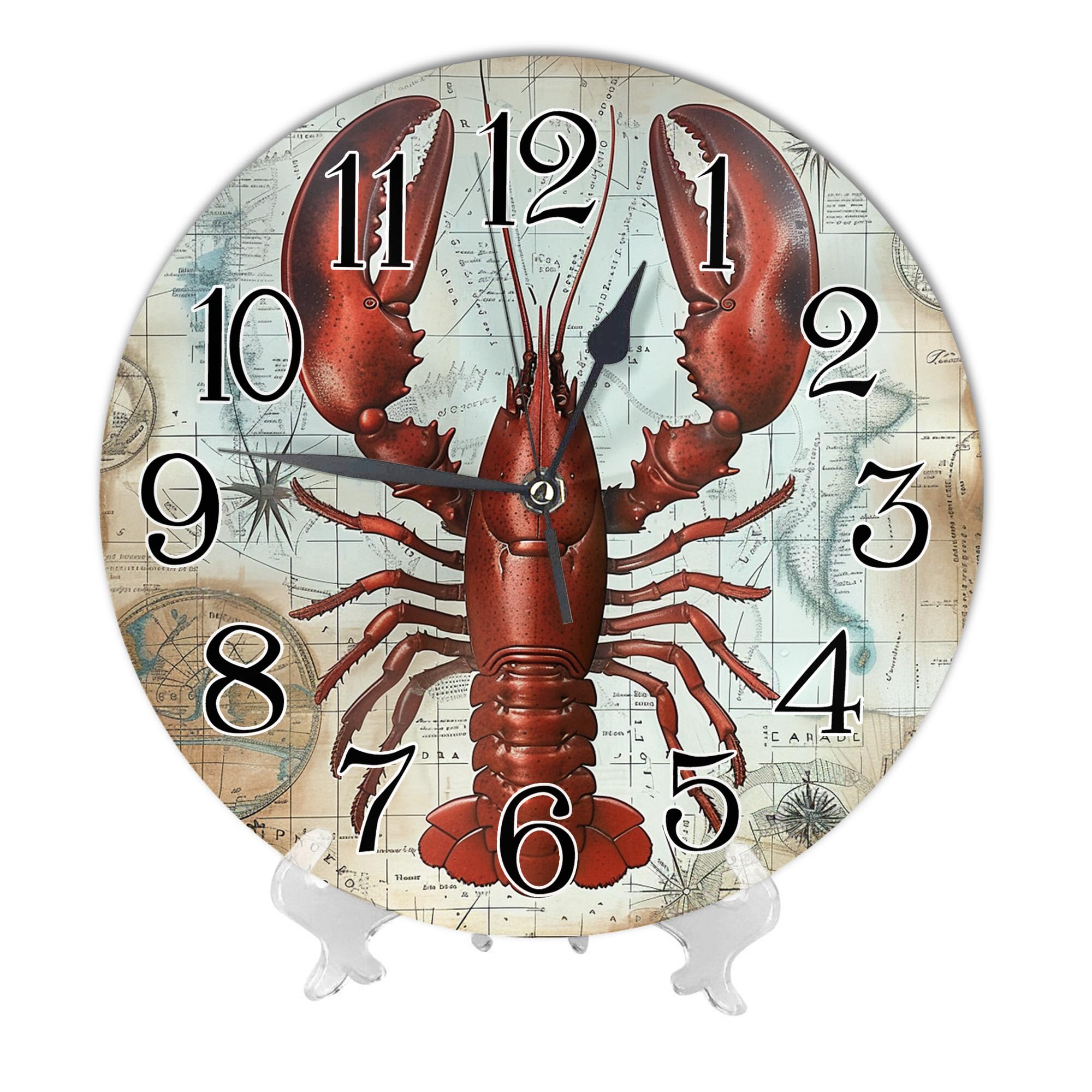 Ocean Battery Operated Wall Clock Lobster with World Sailing Pirate Map Nautical Coastal Vintage Style Tan Red Plastic Silent Waterproof Office Dining Room Round Wall Clock 10x10 Inch