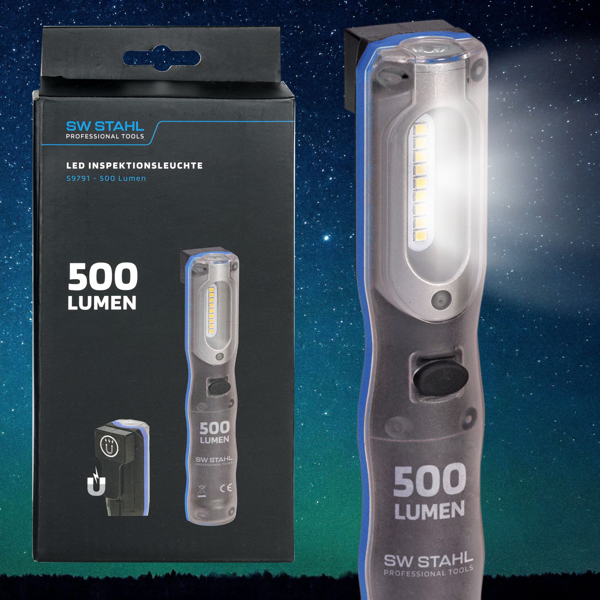 SW-Stahl LED Inspektionsleuchte S9791 - Werkstattlampe mit 500 Lumen | Wiederaufladbare SMD-Arbeitsleuchte aus Aluminium - Magnet-Halterung & Clip-Haken - Bruchsicher bis 3m - Inkl. USB-Kabel
