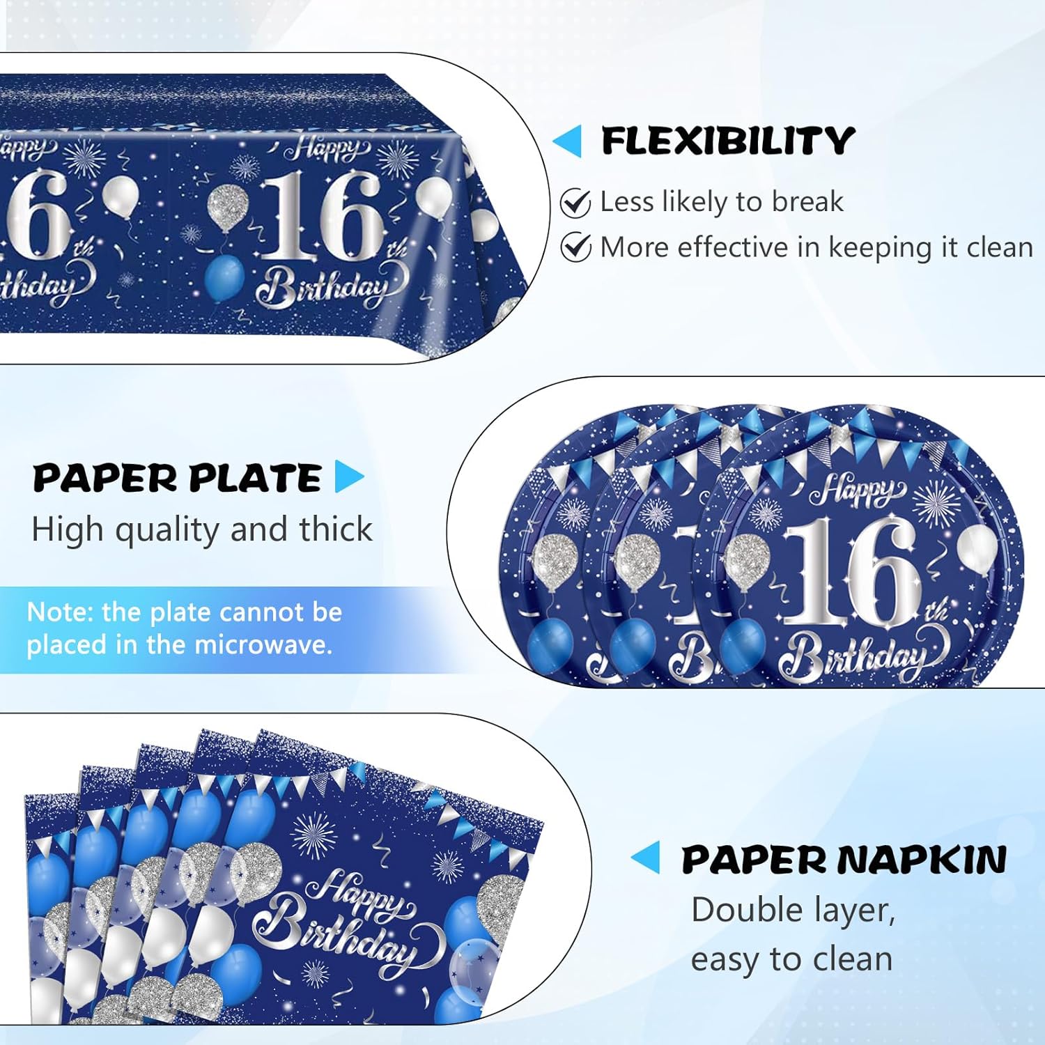 41PCS 16th Birthday Decorations for Boys Navy Blue Silver 16 Years Old Birthday Decorations Sweet 16 Plates Napkins Tablecloth for Boys Girls 16th Birthday Party Supplies - Image 3