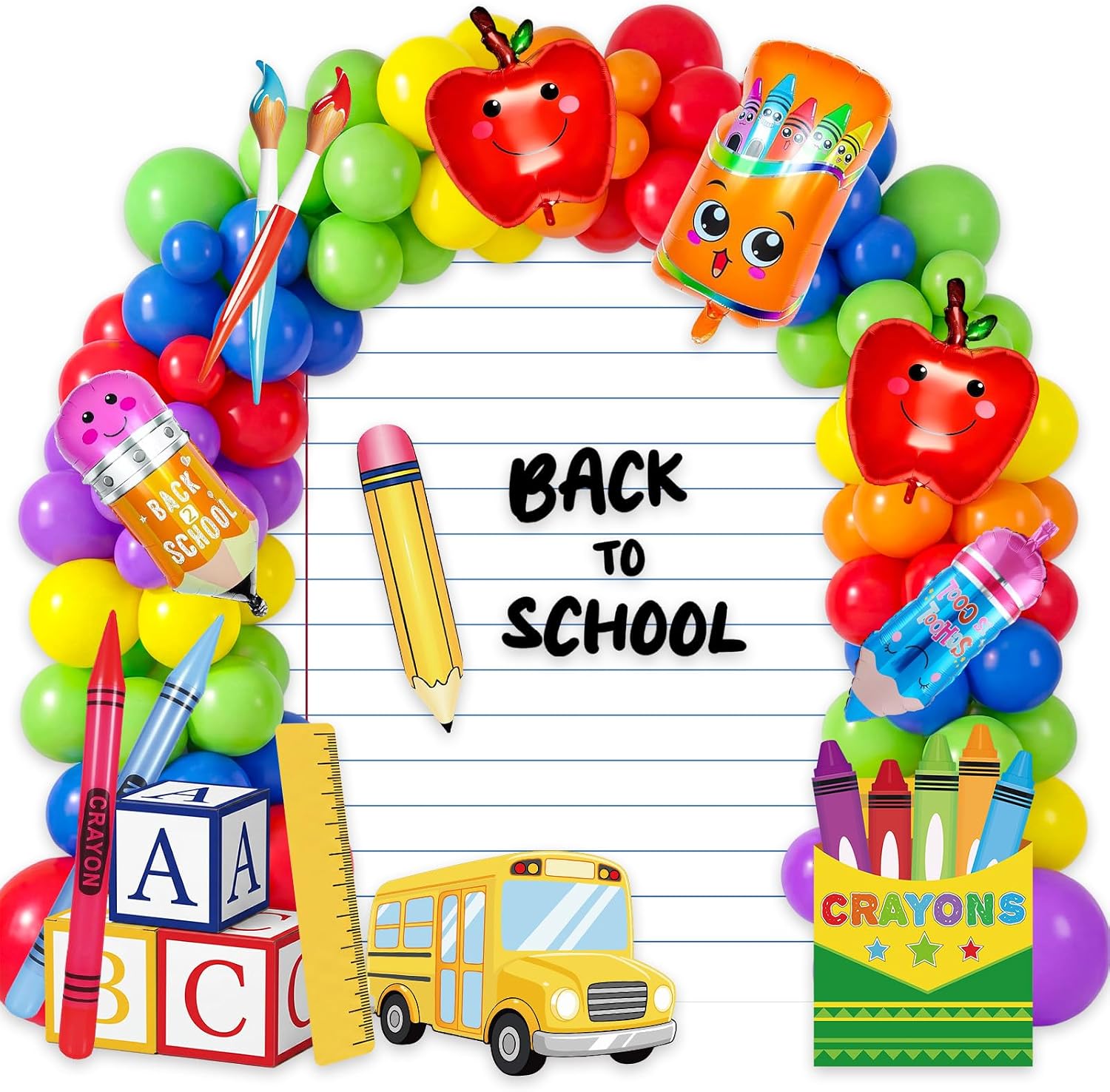 166 Pcs Giant Back to School Decorations Rainbow Balloons Garland Arch Kit Notebook Paper Backdrop Crayons Pencils Foil Balloons ABC Boxes Bus Cutouts for School Classroom Party Decor Supplies
