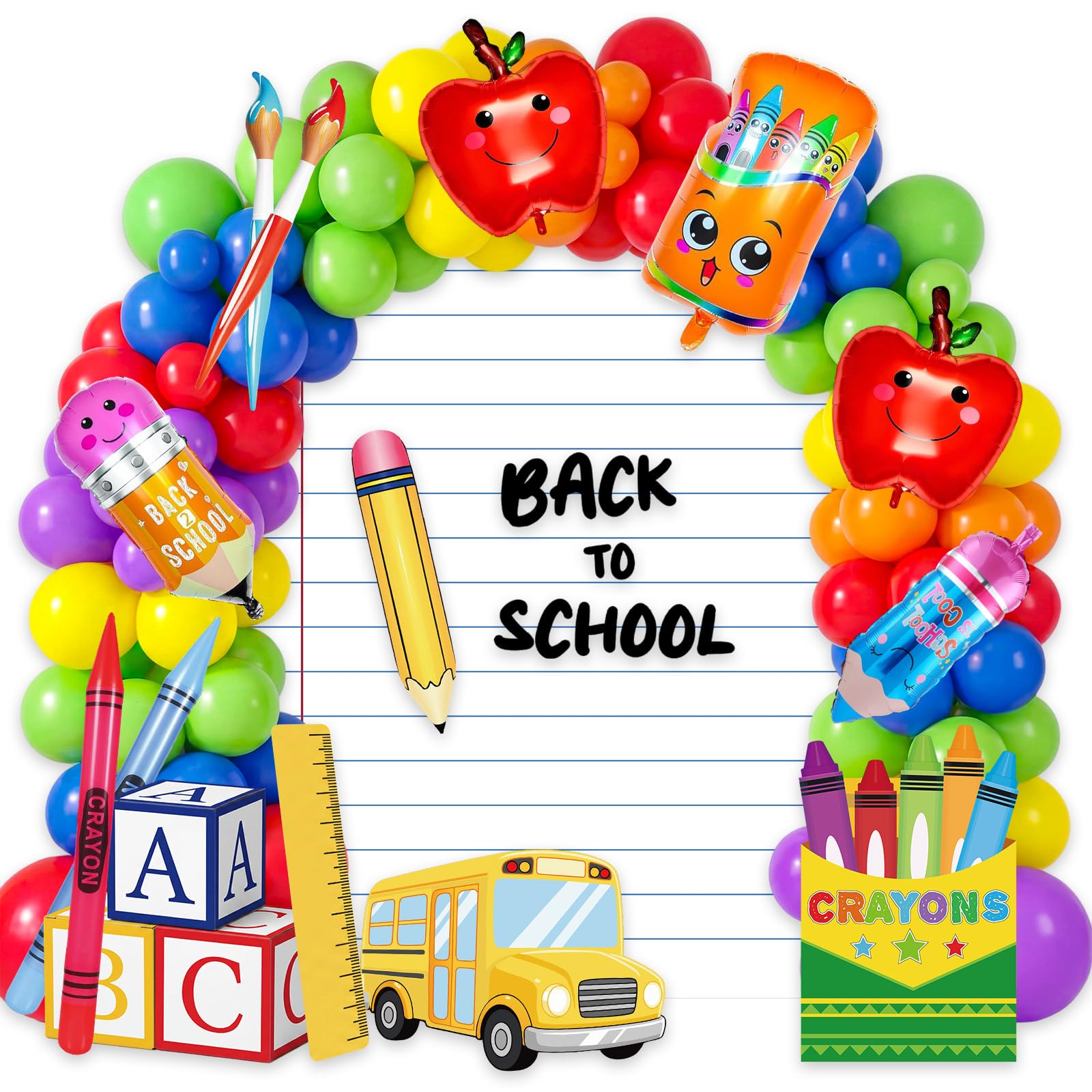 Kit de arco de guirnalda de globos para el regreso a la escuela, 168 piezas, con telón de fondo, globos arcoíris, globos de aluminio, cajas de autobús ABC, decoración de crayones inflables para