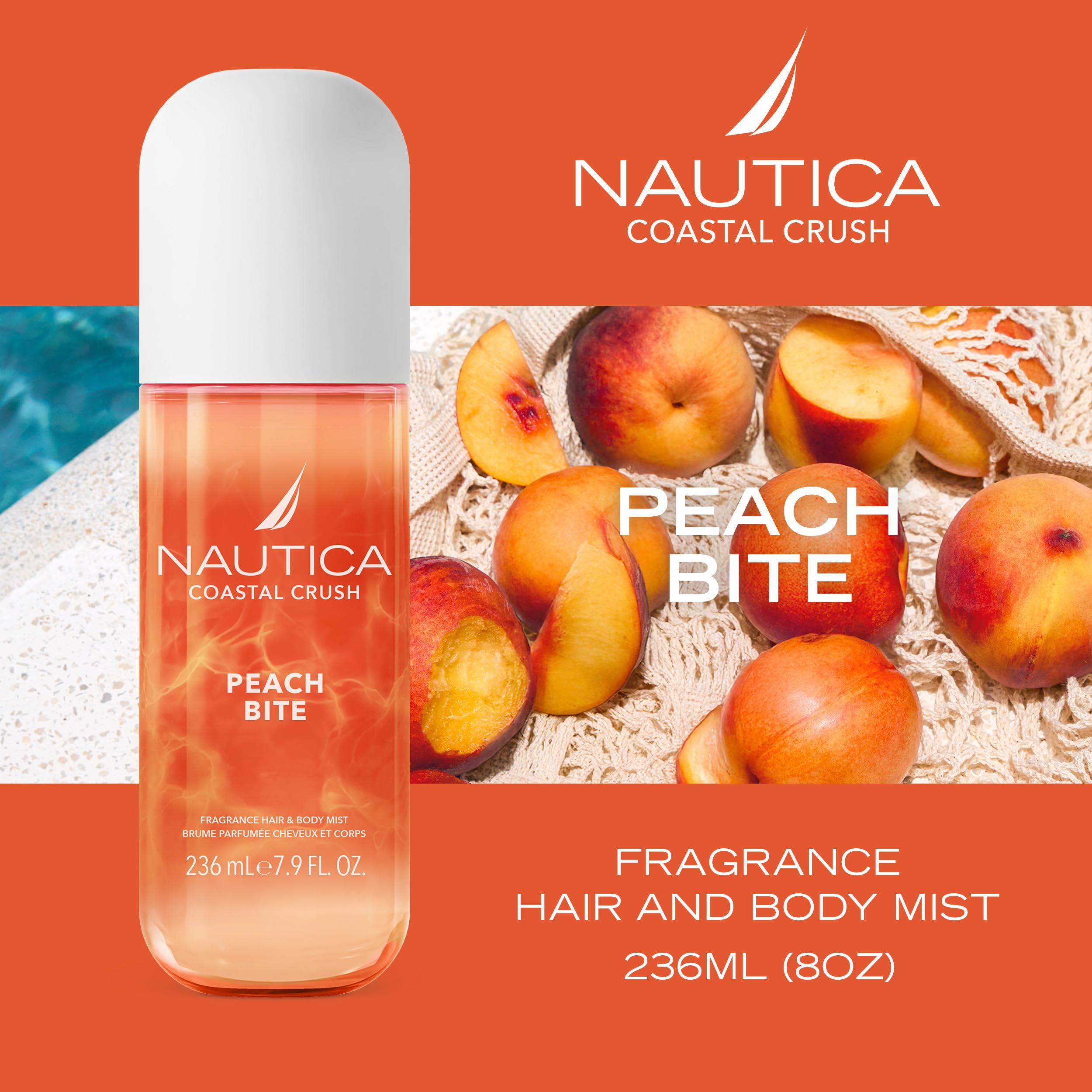 Nautica, Acqua profumata per il corpo Coastal Crush Peach Bite, Acqua profumata femminile per corpo e capelli dal profumo gourmand succoso fruttato, 236ml