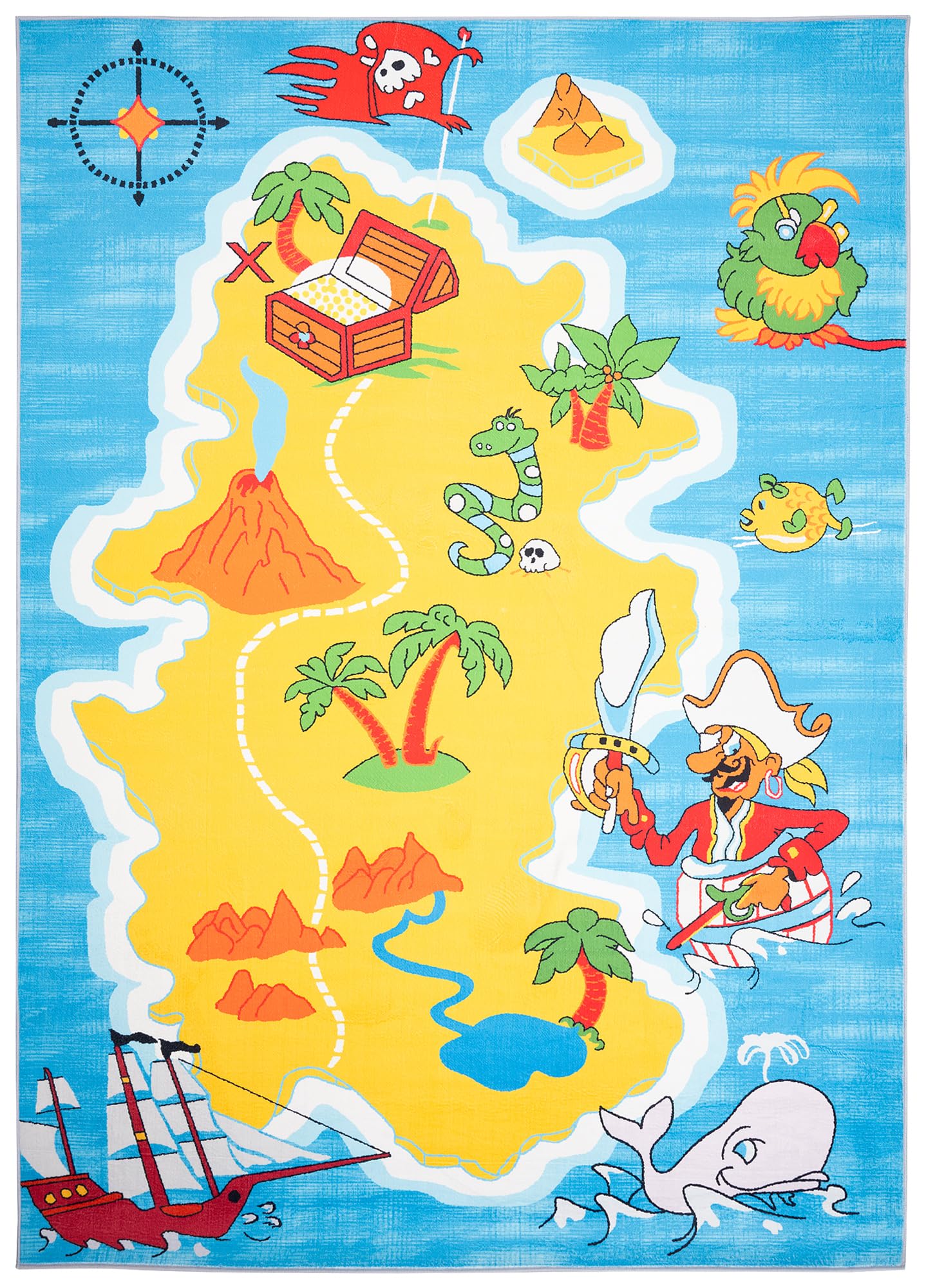 TAPISO Flannel Alfombra Antideslizante Lavable Diseño Moderno Barco Pirata Isla del Tesoro Azul Amarillo Alfombra Infantil para Niños Alfombra de Juegos Oeko-Tex 140 x 200 cm