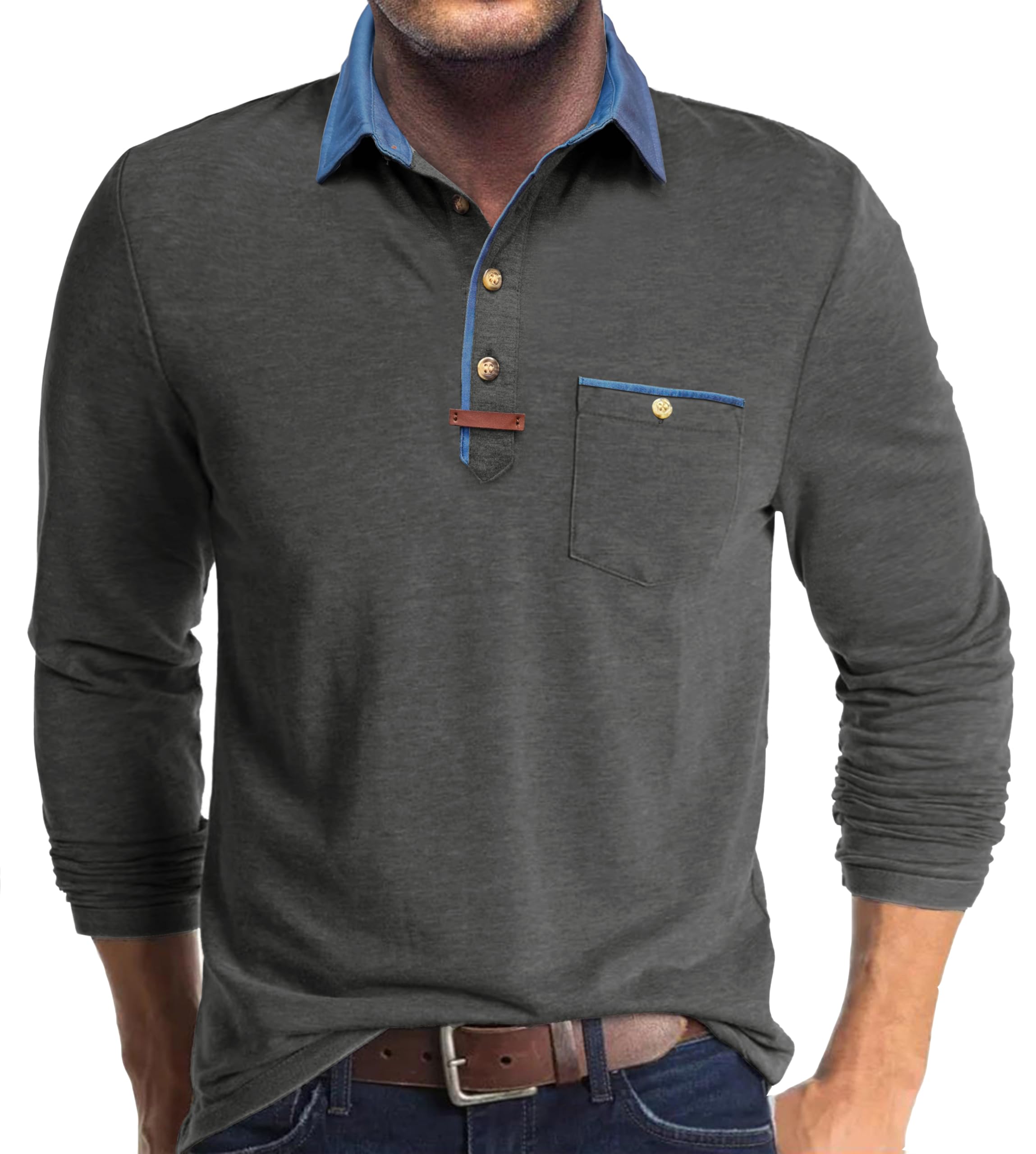 Poloshirt Herren Langarm Leichtes Langarmshirt Mit Tasche Polo Klassisches Herbst Winter Kragen Shirts Herren Mit Polokragen Casual Polo Hemd