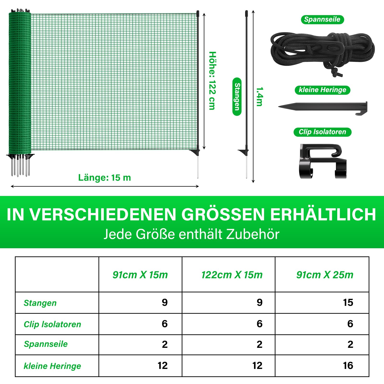 Mobiler Begrenzungszaun 15 m 122 cm hoch 9 Fiberglaspfähle Hühnerzaun Hundezaun Weidezaun Dunkelgrün