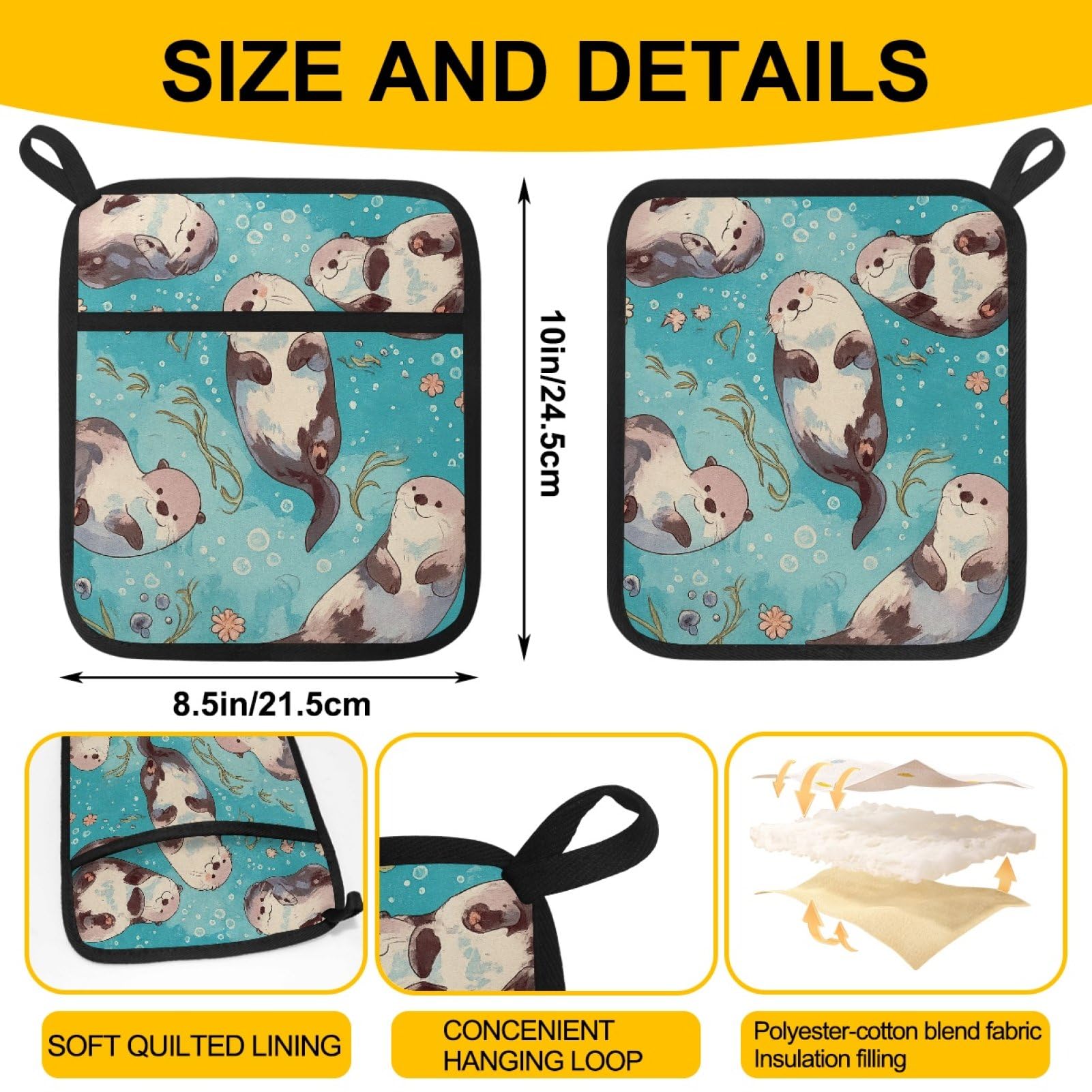 Lot de 2 maniques en coton résistant à la chaleur pour comptoir, four, maniques en coton motif loutre