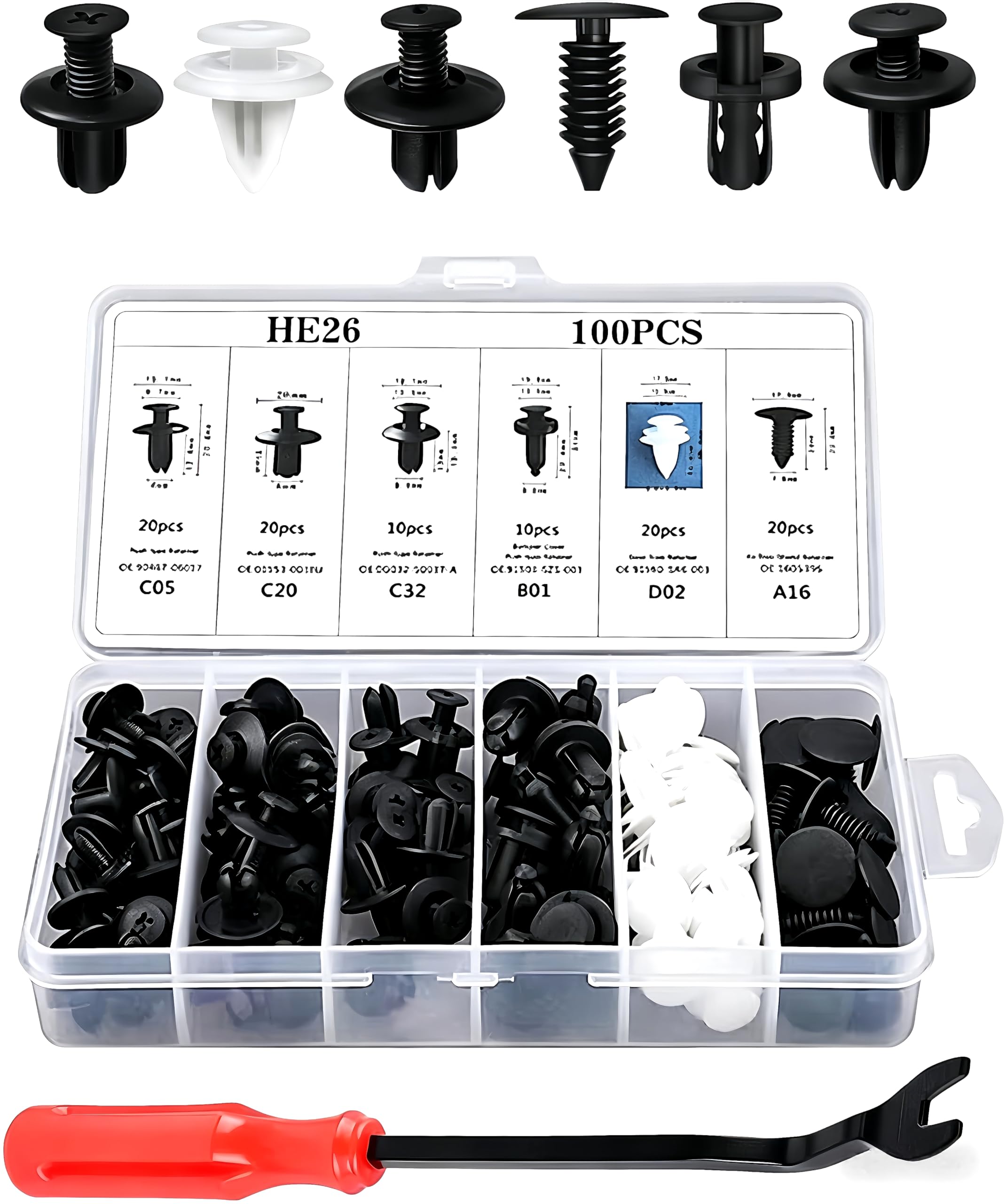 100 PCS Bumper Push Fasteners Rivet Clip Kit, ABS Retainer Expansion Screws with Removal Tool, 6 Popular Sizes Fenders/Body Fixing Clips, Universal for Most Cars, Trucks, SUVs (White)-picture-18
