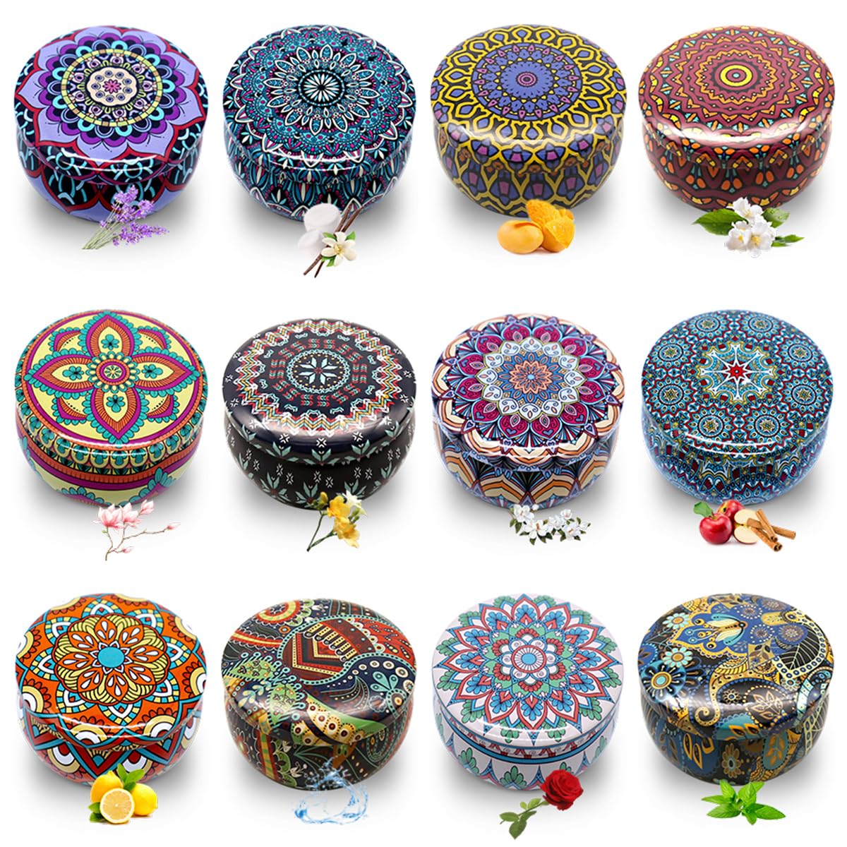 Set of 12 Scented Candles, Soy Wax Aromatherapy Candles, 2.2 OZ Portable Tin Candles with Lid, Christmas Thanksgiving Candle Gifts Basket for Mother Women Friends and Coworkers