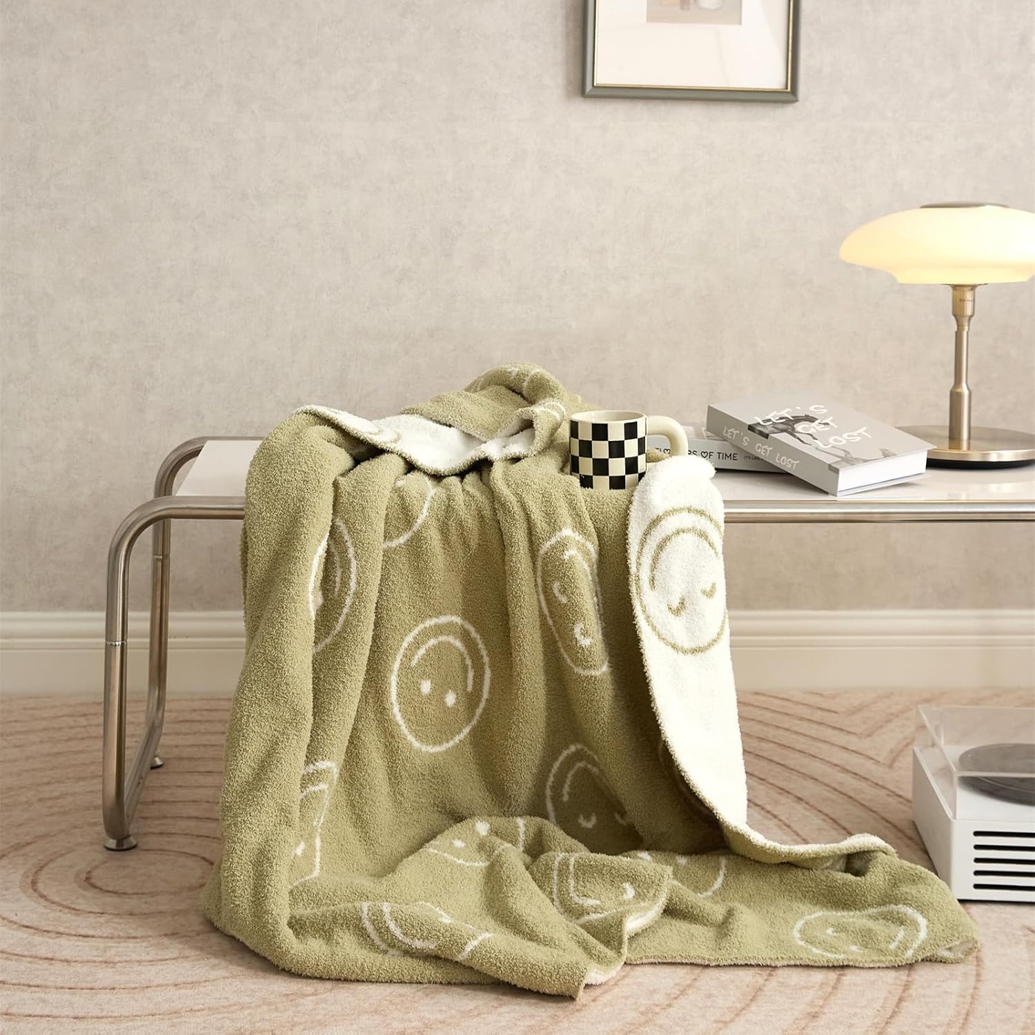 Smiley Face Reversible Sage Green Throw Blanket - Super Soft Cozy Warm Fluffy for Couch Bed Sofa - Aesthetic (63" L x 51" W)