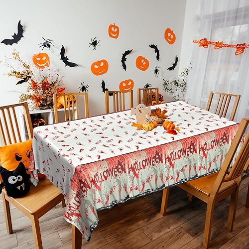 Miniatura 4 de PLULON Paquete de 3 manteles de Halloween de 54 x 108 pulgadas, diseño de huellas de manos color rojo zombi, mantel de plástico para decoración de