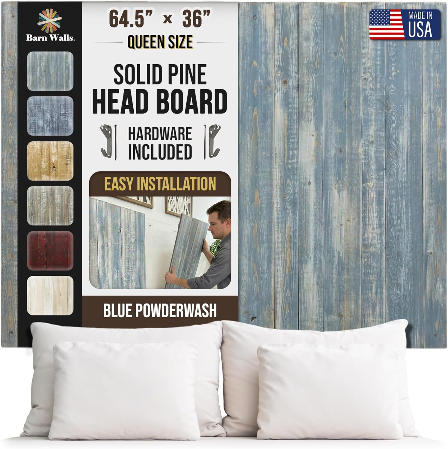 Barn Walls Solid Wood Queen Headboard, Wall Mounted Floating Fluted Headboard for Queen Bed Size, Farmhouse Rustic Mid Century Style, Low Profile Mount, Blue Powderwash, 64.5" L x 2" W x 36" H