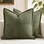 MIULEE Olive Green Corduroy Pillow Covers 18x18 inch with Splicing Set of 2 Super Soft Boho Striped Broadside Decorative Textured Throw Cases for Spring Couch Cushion Bed Livingroom