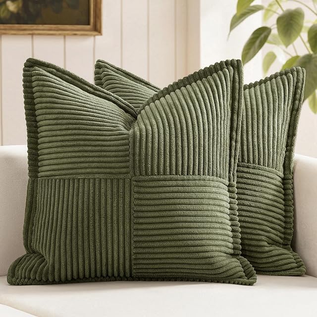 MIULEE Olive Green Corduroy Pillow Covers 18x18 inch with Splicing Set of 2 Super Soft Boho Striped Broadside Decorative Textured Throw Cases for Spring Couch Cushion Bed Livingroom