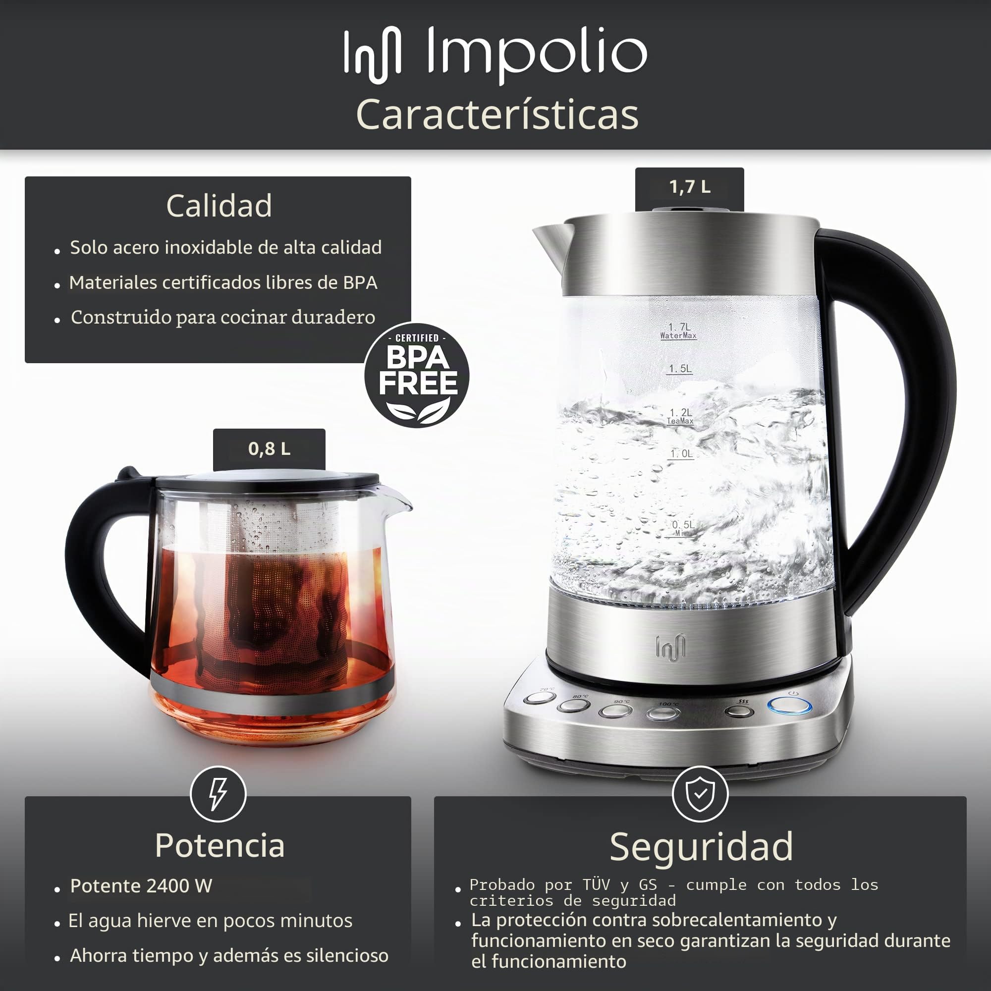 Hervidor de agua LED de cristal premium con ajuste de temperatura + función de mantenimiento de calor, colador de té de acero inoxidable + accesorio para tetera "Kand" probado por TÜV Süd