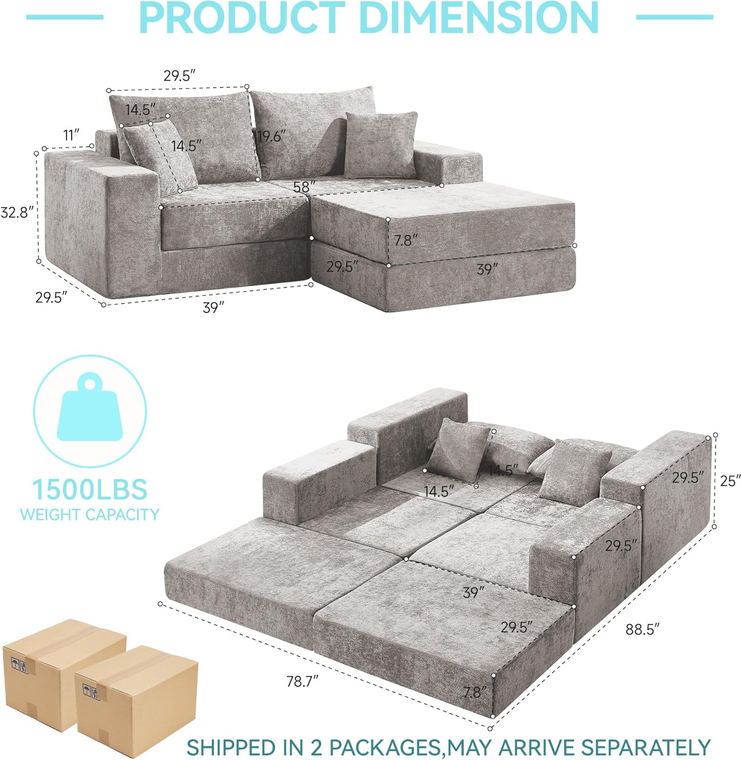 79" Boneless Cloud Loveseat Sofa, Modular Sectional Love Seat with Ottoman, Modern L-Shaped Convertible Sleeper Sofa Bed for Living Room & Small Spaces, No Assembly Required,Light Grey