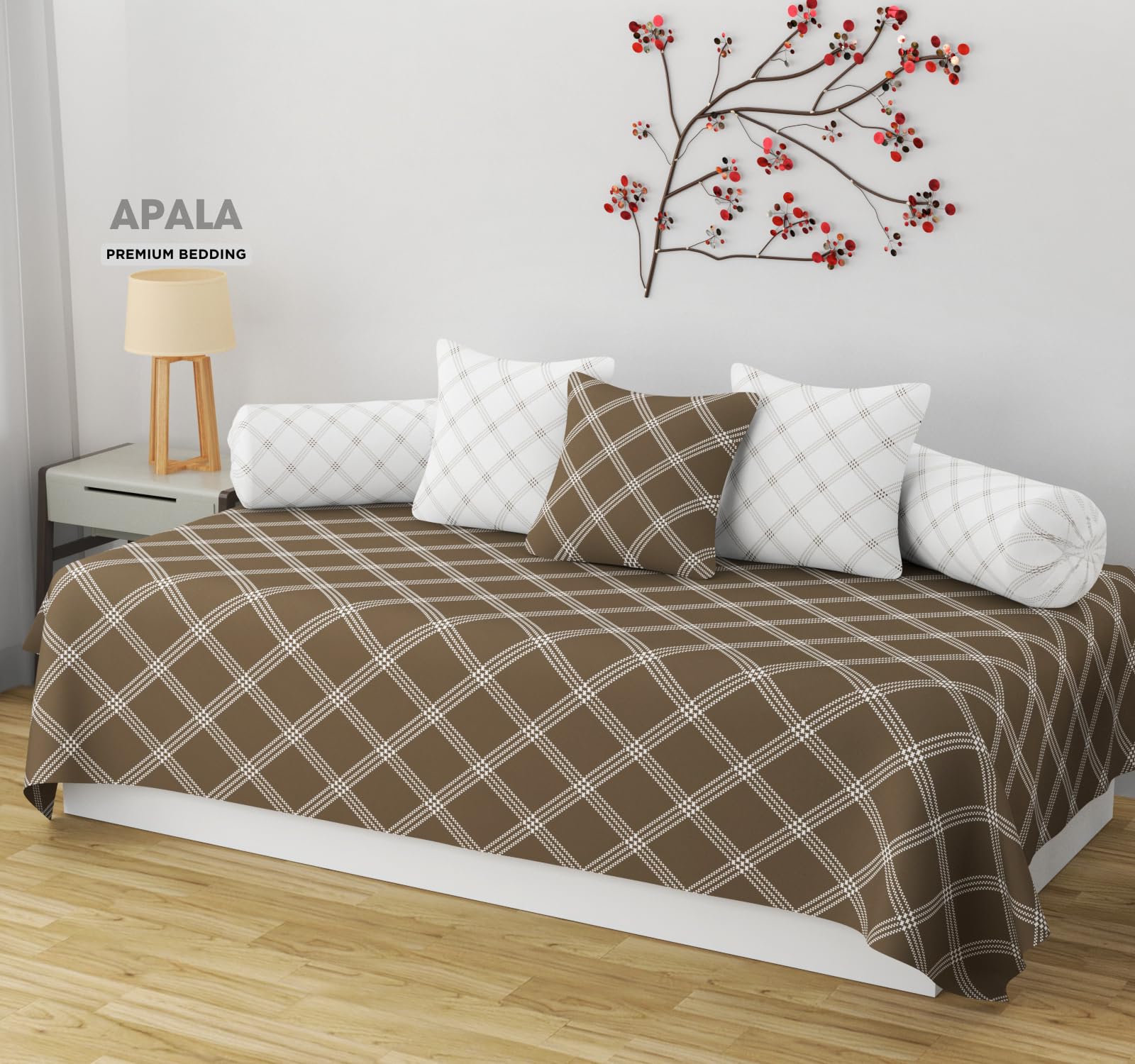 APALA Super Soft Cotton Geometrical diwan Set for Living Room, diwan Set Covers Cotton, diwan Set 6 Pieces One Single Bedsheet with 3 Cushion Cover,2 Bolster (Beige)-image-34