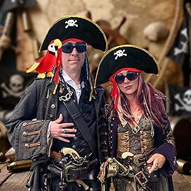 D-Fokes 3 PCS Kids Pirate Costume Accessories Set, Black Skull Print Pirate Hat Red Plush Parrot Adjustable Eye Patch, Stuffed Parrot for Shoulder, Halloween Birthday Party Cosplay