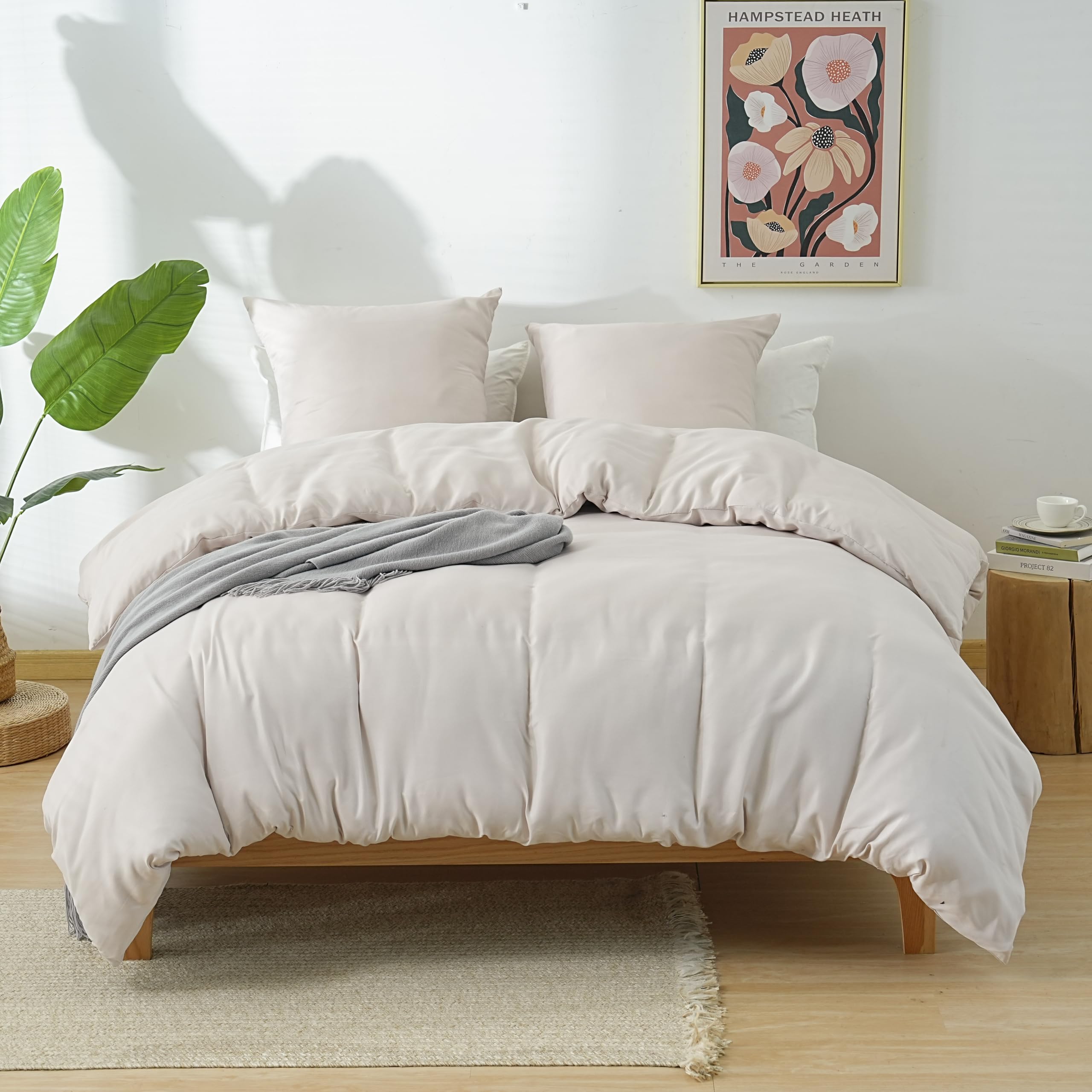Ensemble housse de couette 240x260 microfibre beige avec drap housse grand bonnet 30cm